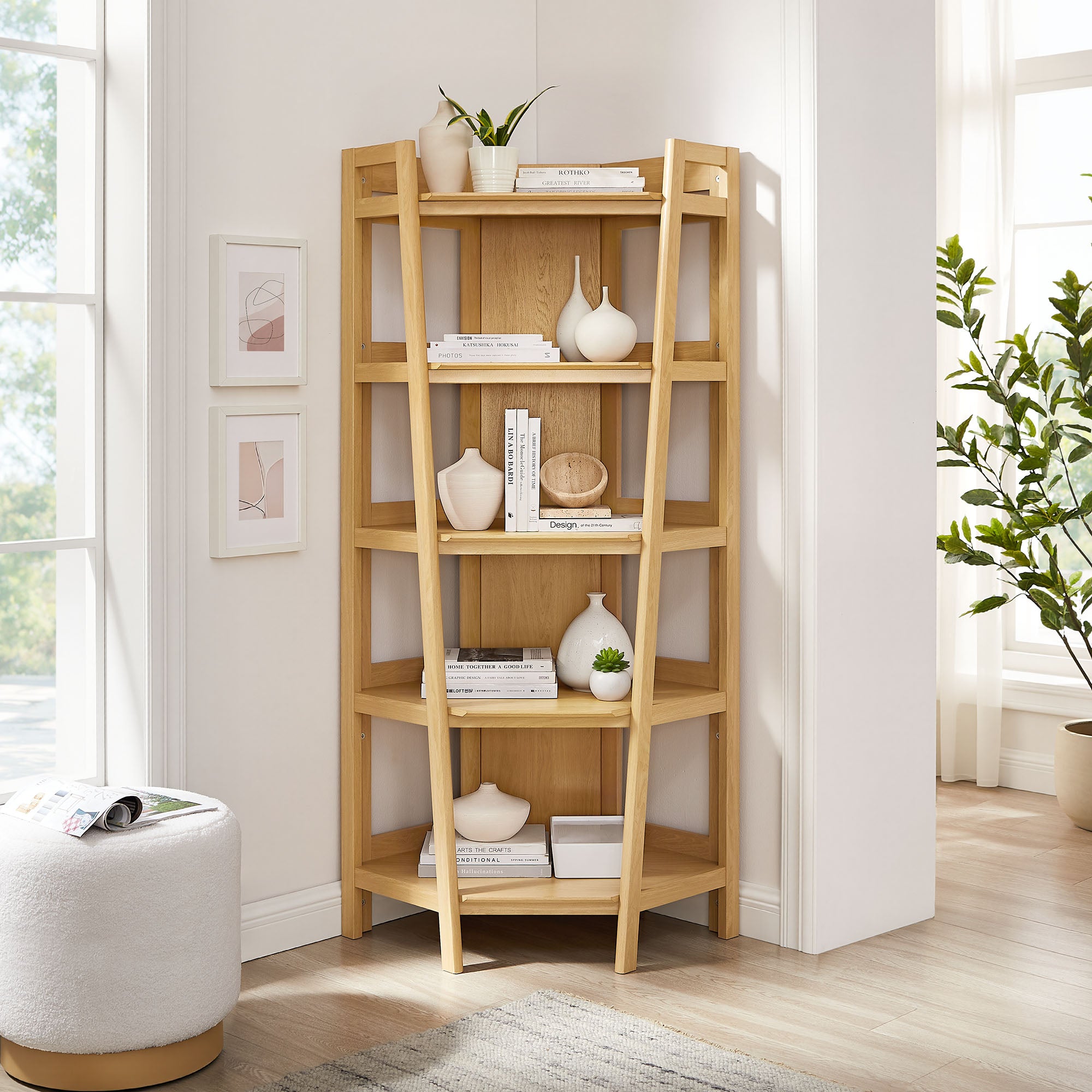 Bixby 71 Inch Corner Bookshelf, Oak