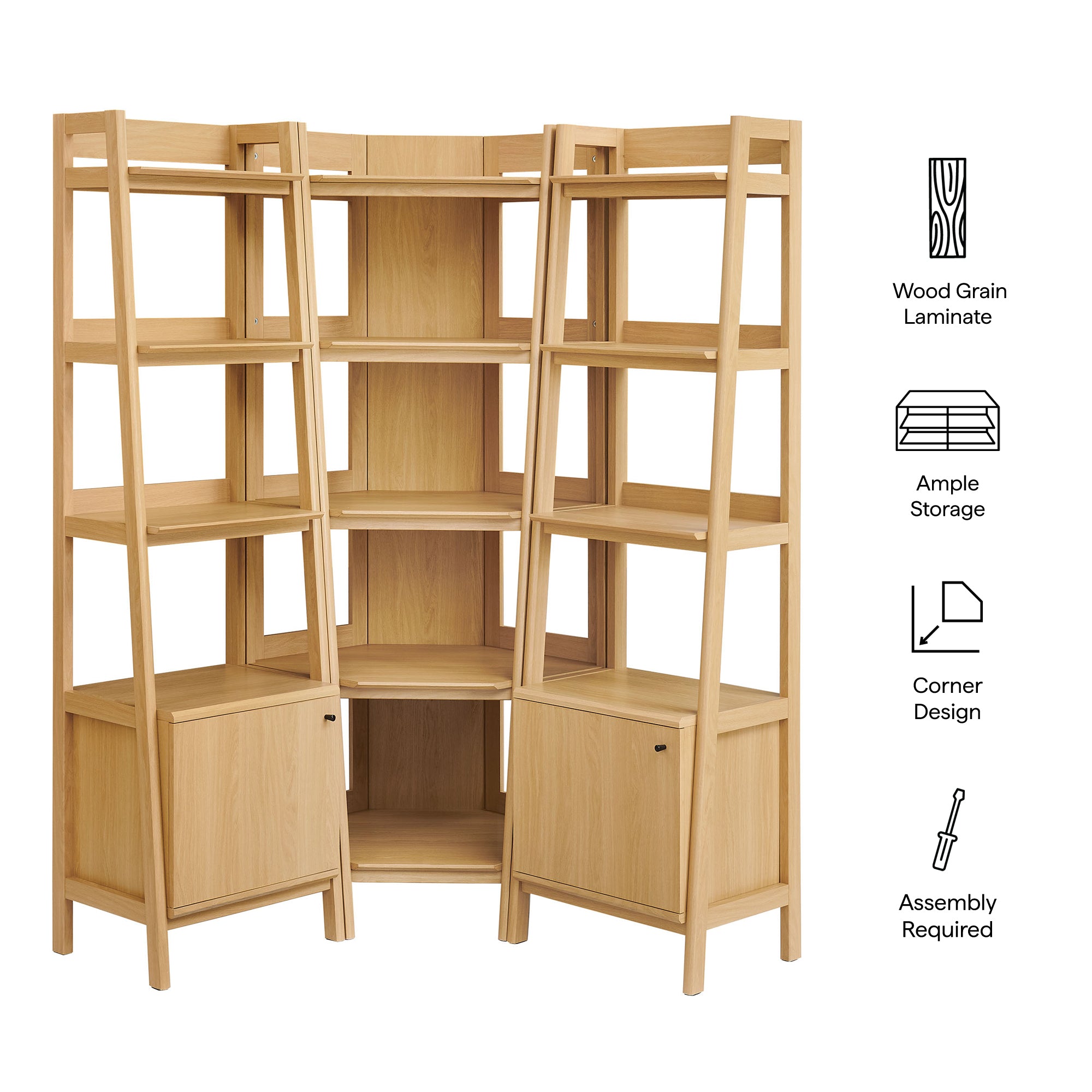 Bixby 3-piece Corner Bookshelf Set with Narrow Bookshelves, Oak