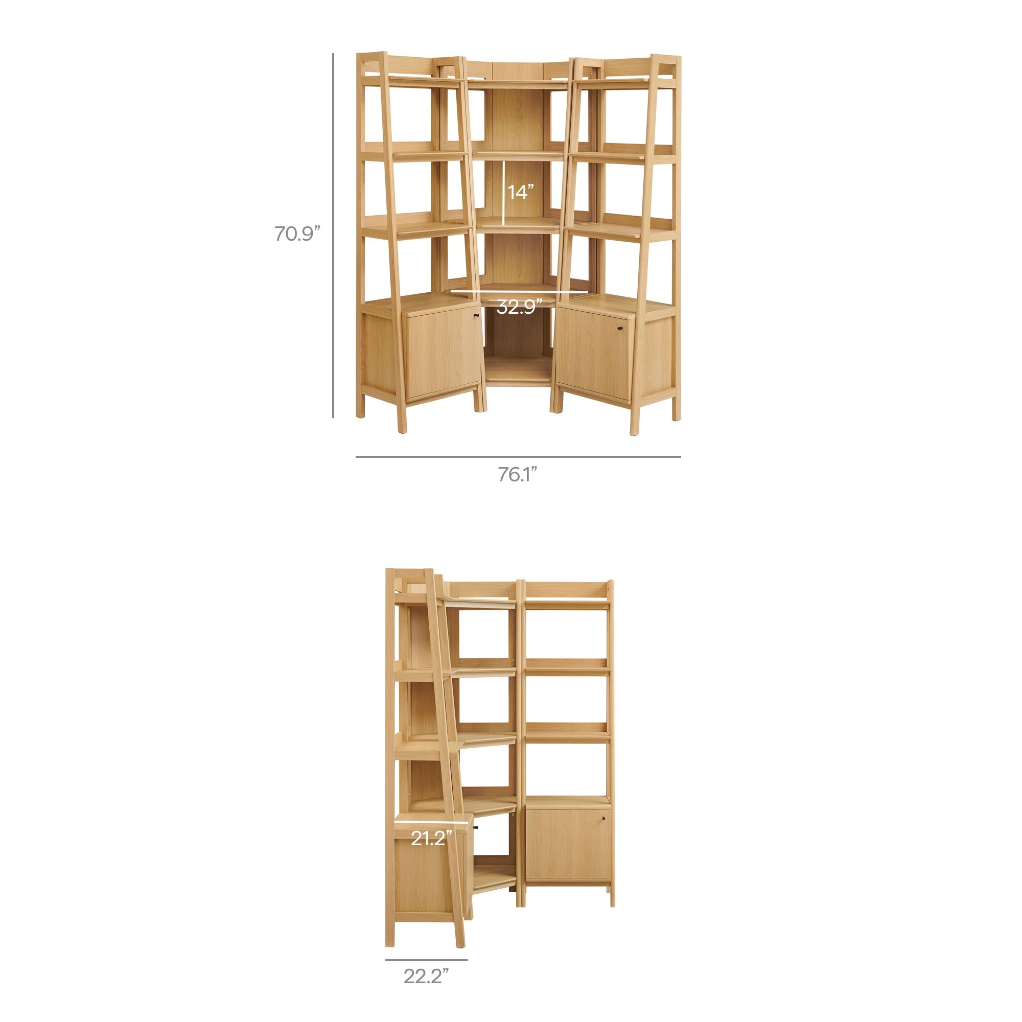 Bixby 3-piece Corner Bookshelf Set with Narrow Bookshelves, Oak