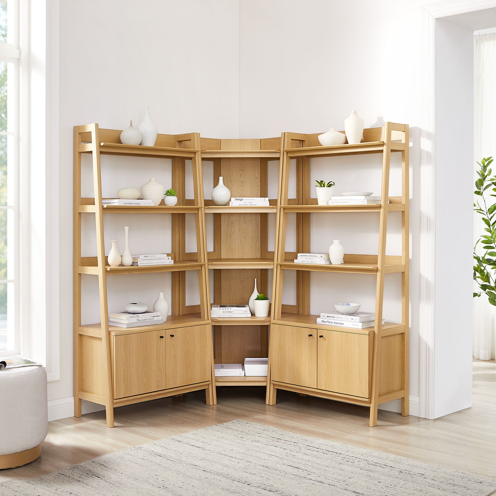 Bixby 3-Piece Corner Bookshelf Set with Wide Bookshelves, Oak
