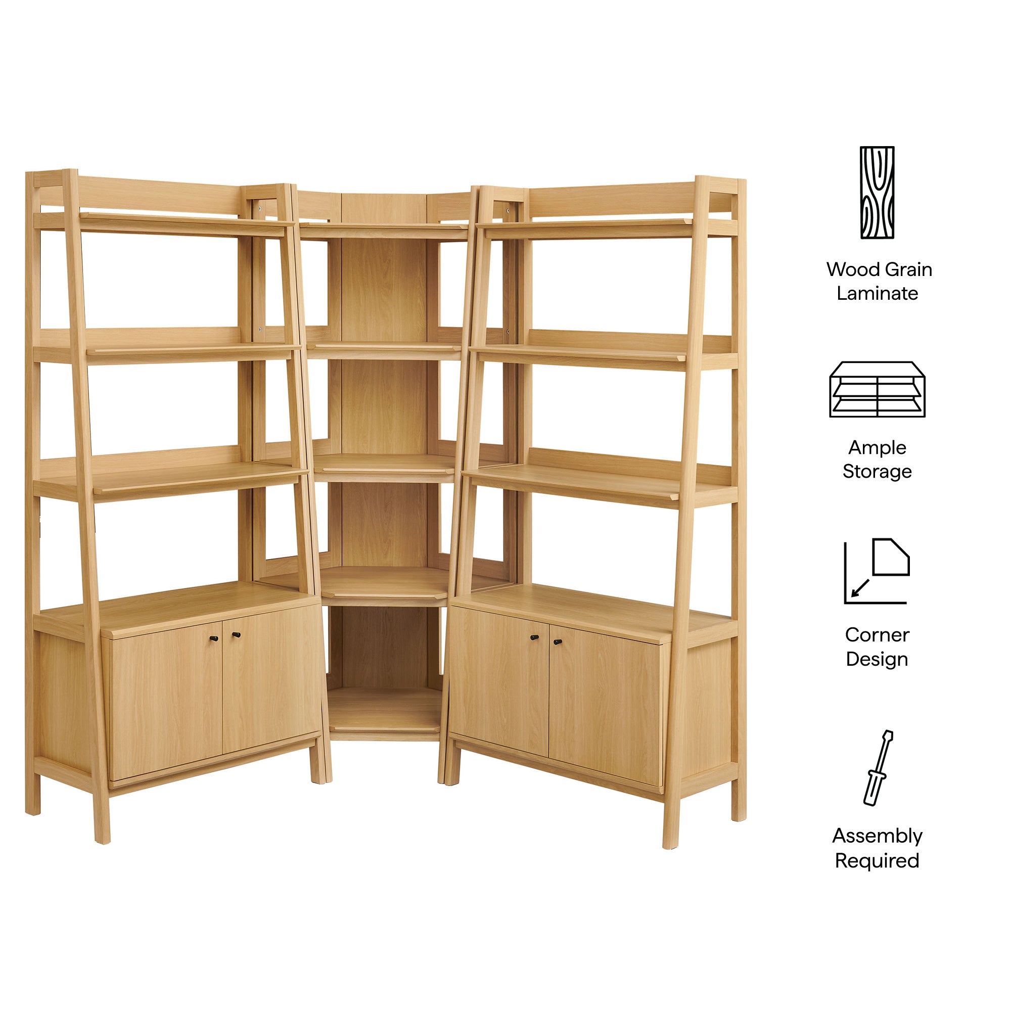 Bixby 3-Piece Corner Bookshelf Set with Wide Bookshelves, Oak