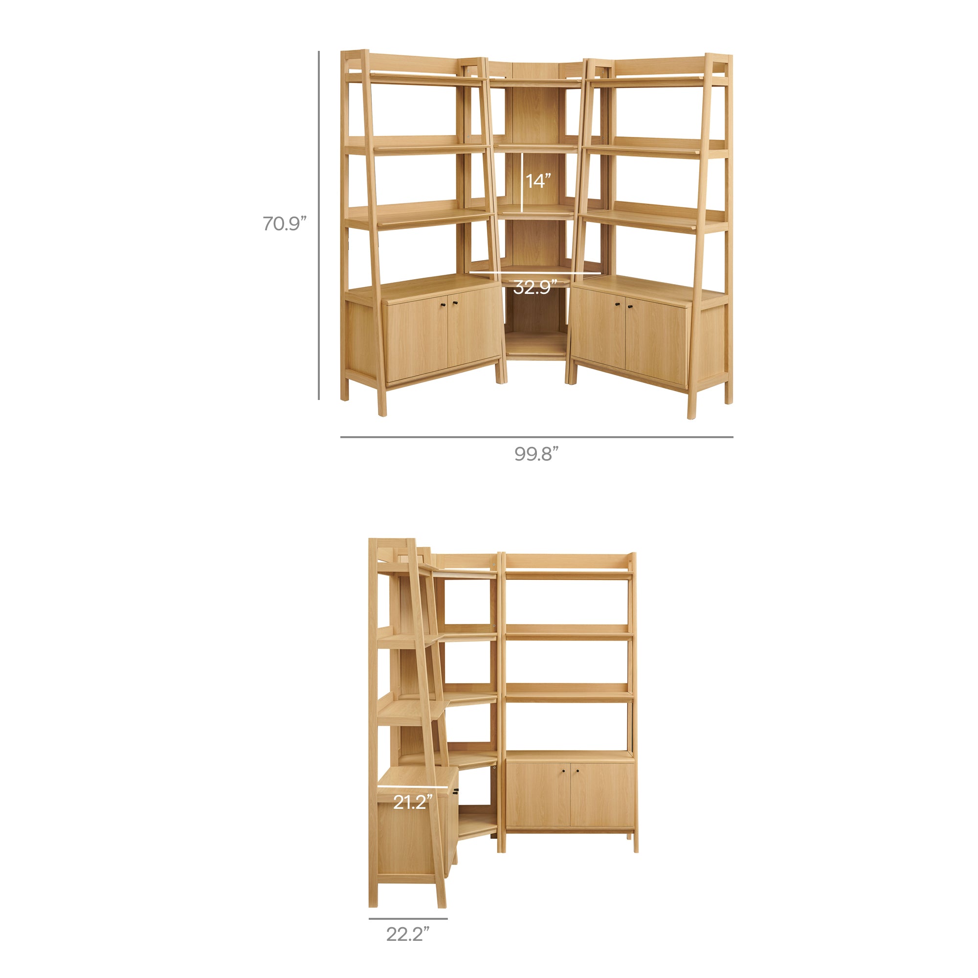 Bixby 3-Piece Corner Bookshelf Set with Wide Bookshelves, Oak