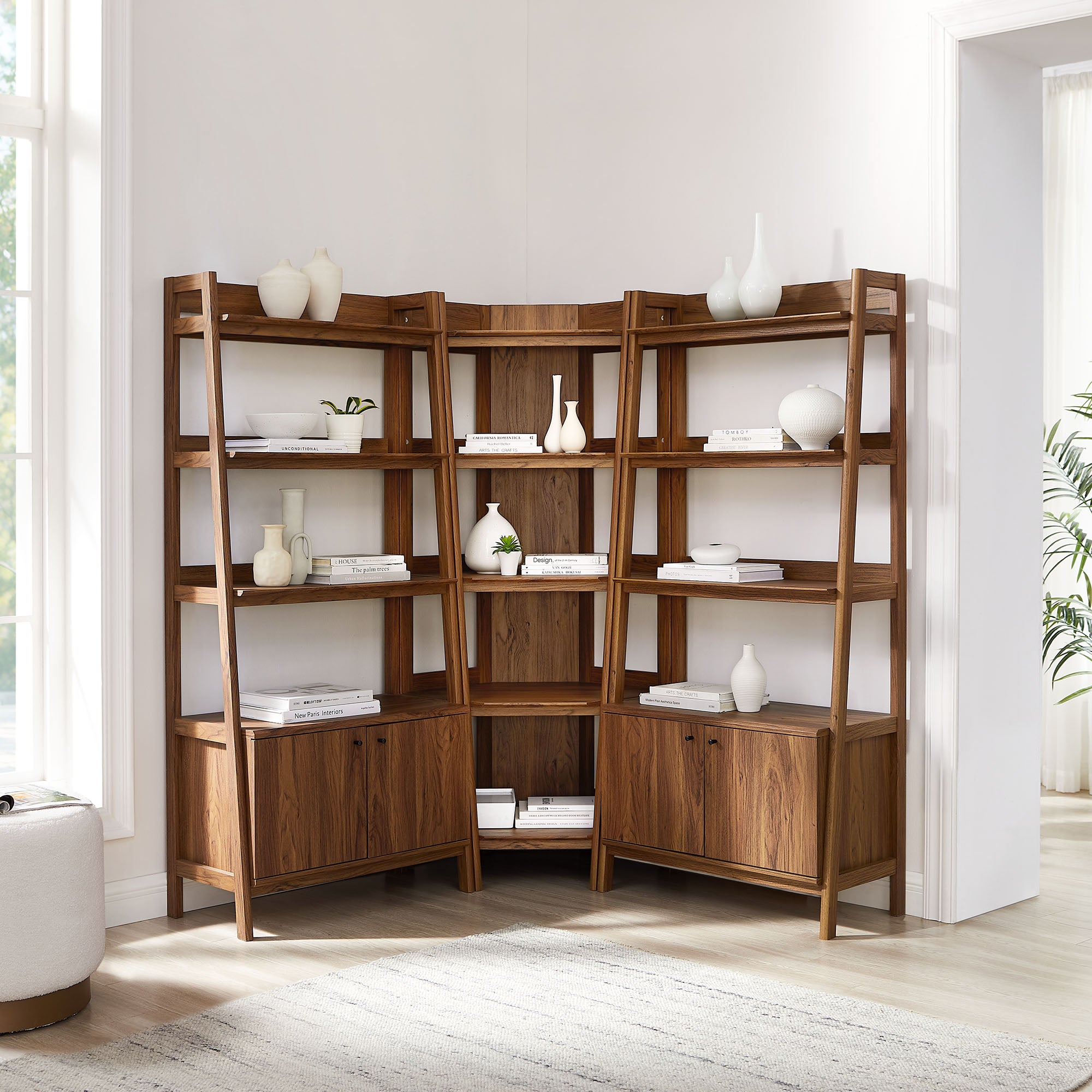 Bixby 3-Piece Corner Bookshelf Set with Wide Bookshelves, Walnut