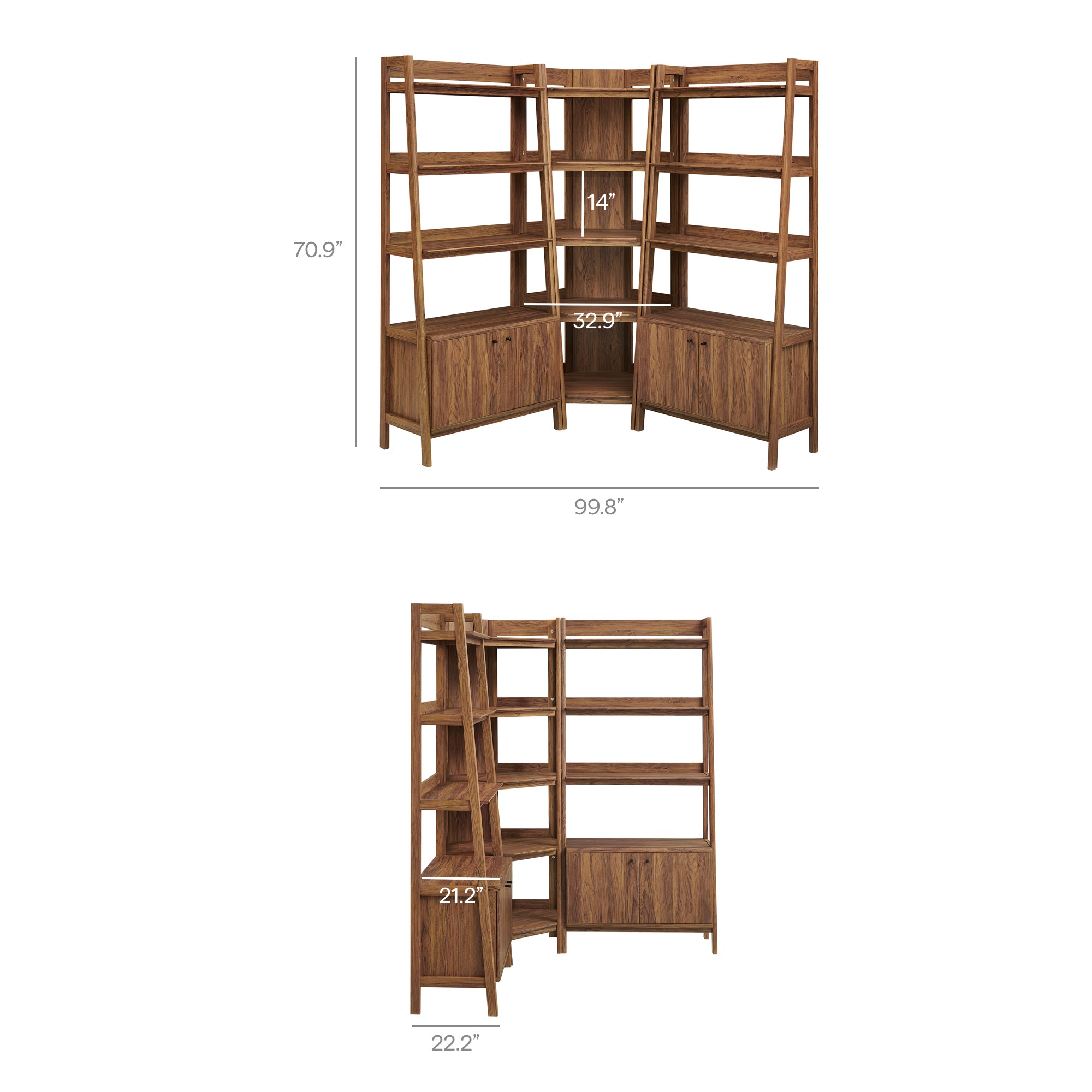 Bixby 3-Piece Corner Bookshelf Set with Wide Bookshelves, Walnut