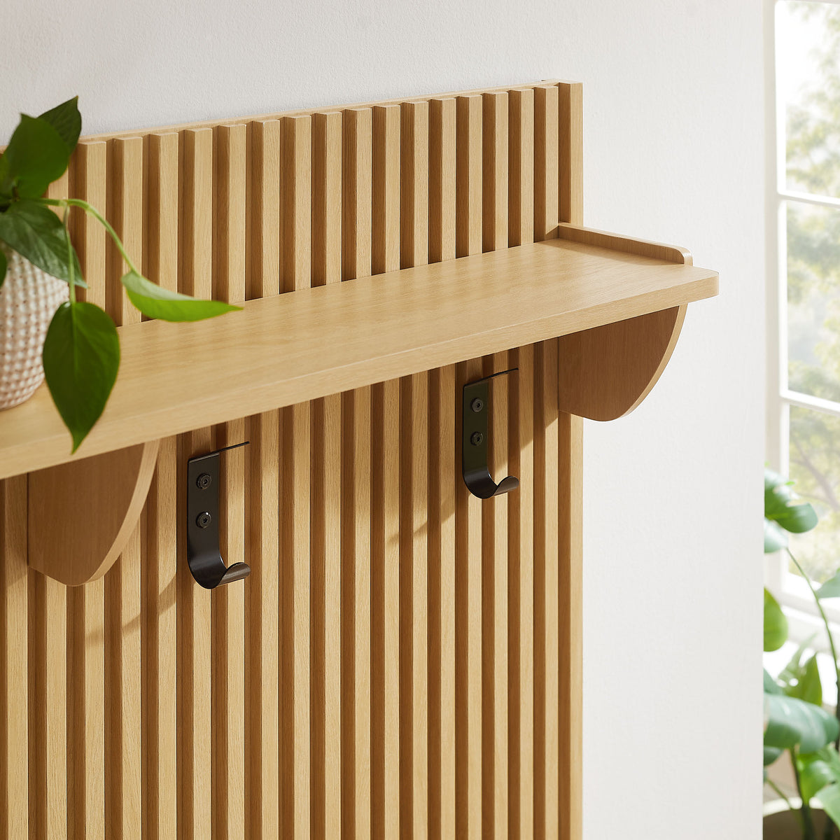 Render Fluted Coat Rack Panel With Shelf, Light Oak