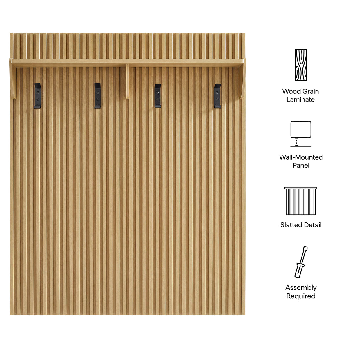 Render Fluted Coat Rack Panel With Shelf, Light Oak