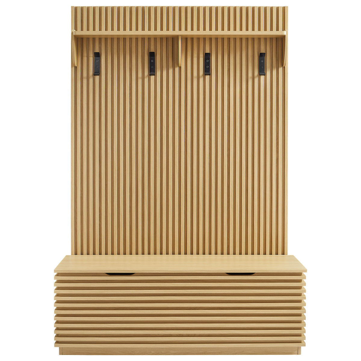 Render Fluted 3-in-1 Hall Tree With Storage Bench and Coat Rack, Oak