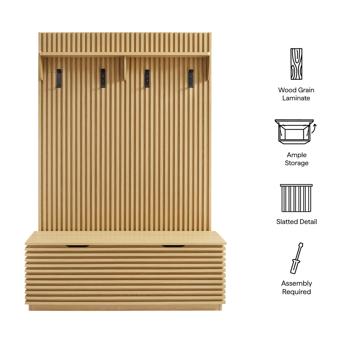 Render Fluted 3-in-1 Hall Tree With Storage Bench and Coat Rack, Oak