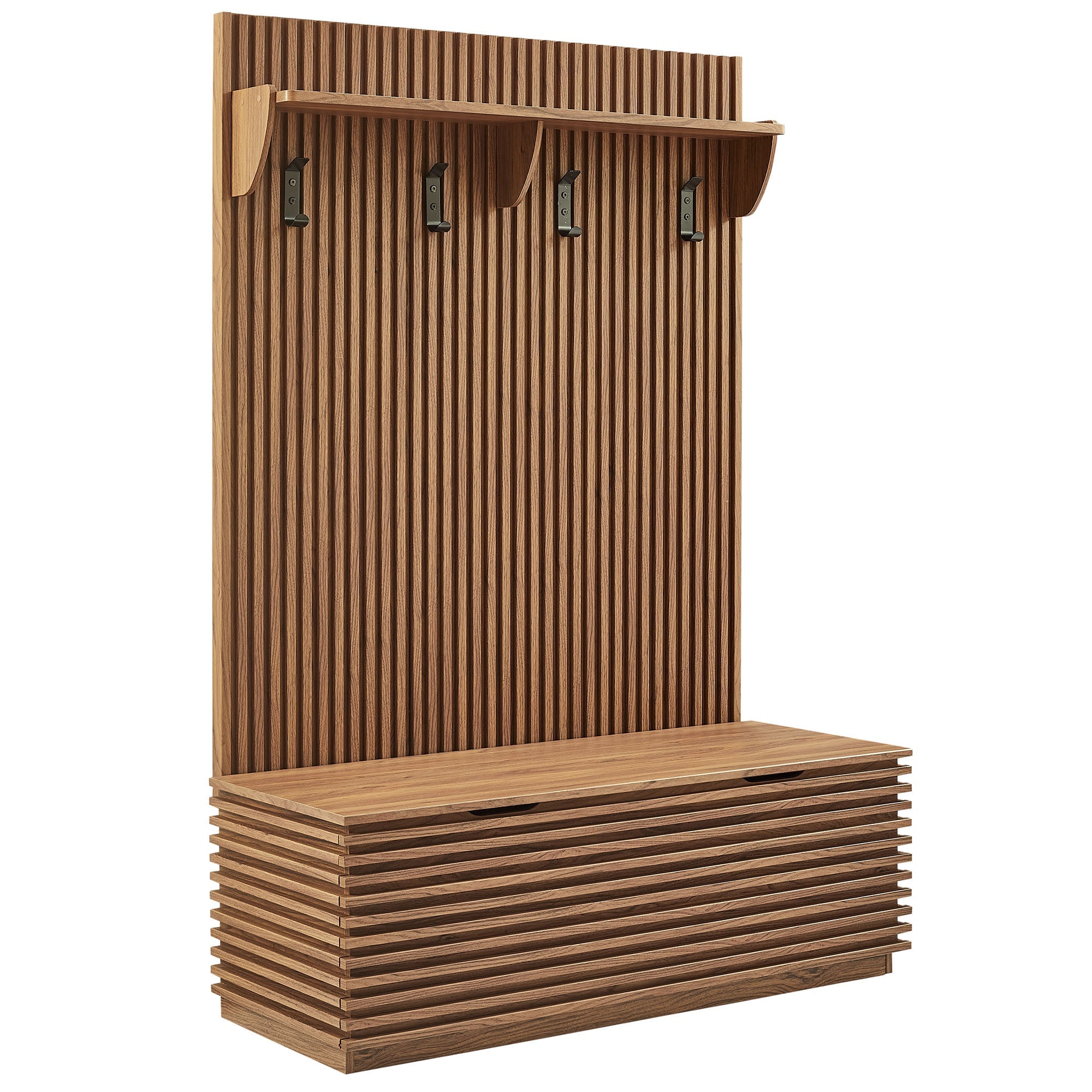 Render Fluted 3-in-1 Hall Tree With Storage Bench and Coat Rack, Walnut