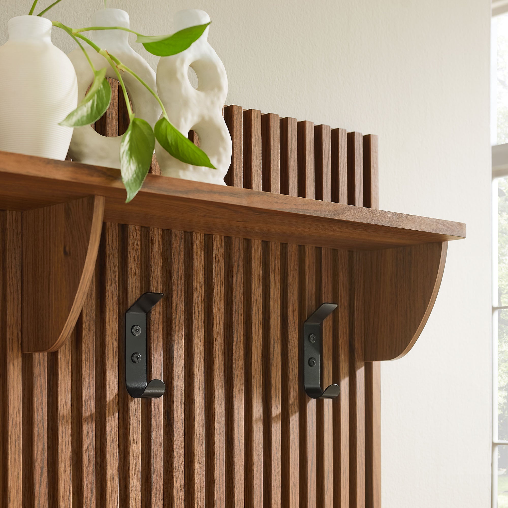 Render Fluted 3-in-1 Hall Tree With Storage Bench and Coat Rack, Walnut