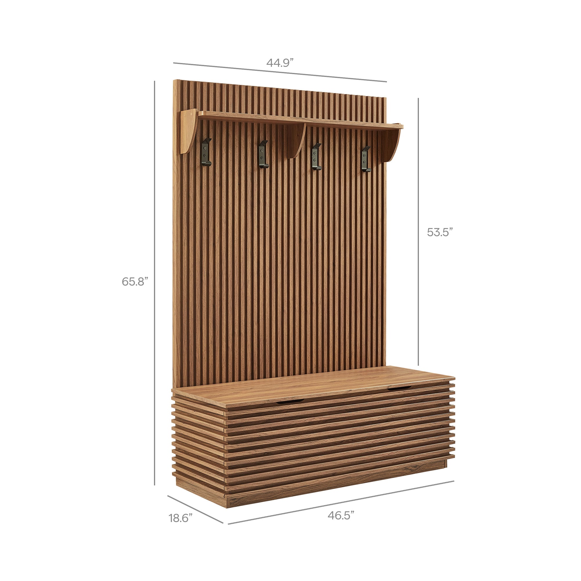 Render Fluted 3-in-1 Hall Tree With Storage Bench and Coat Rack, Walnut
