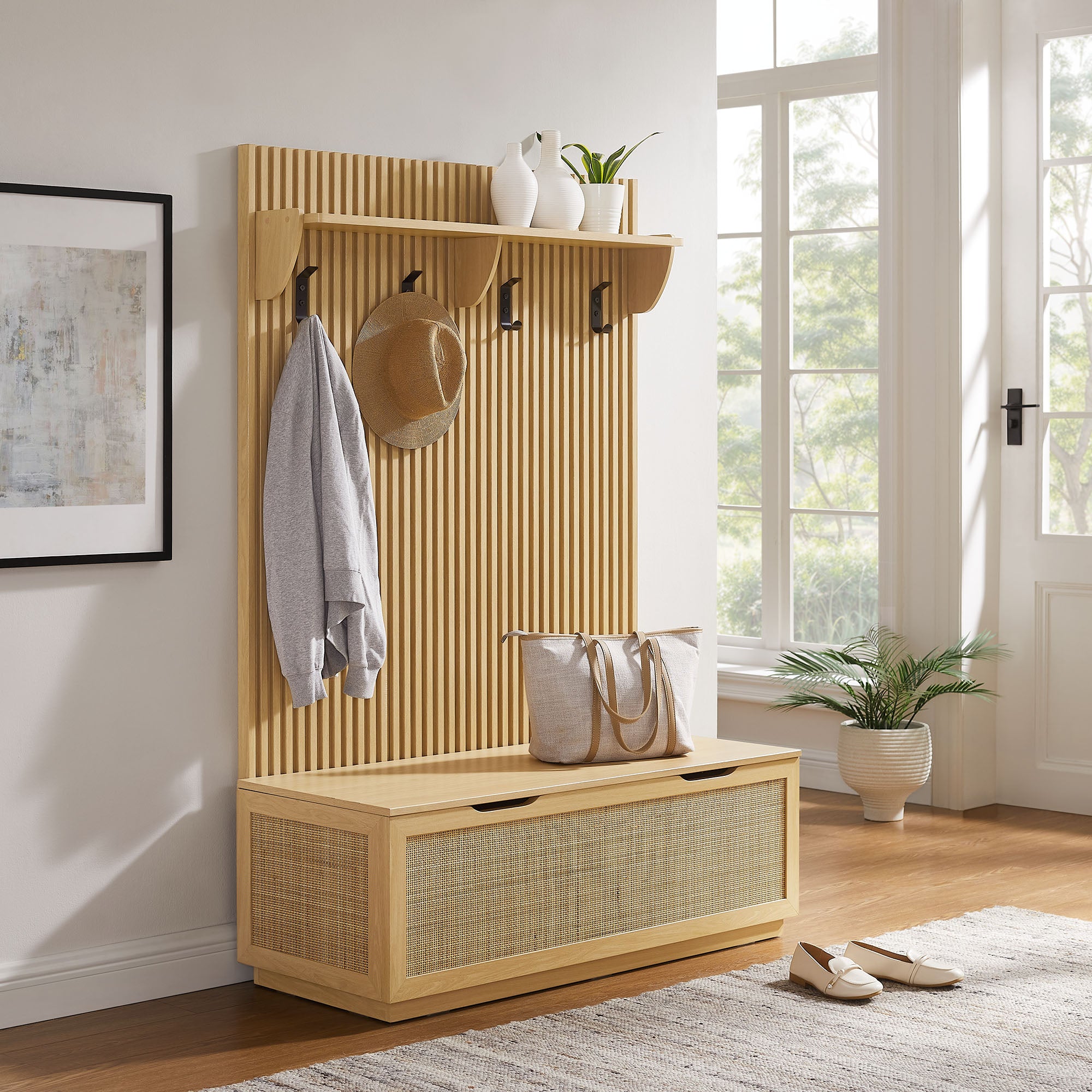 Soma Fluted 3-in-1 Hall Tree With Storage Bench and Coat Rack, Light Oak