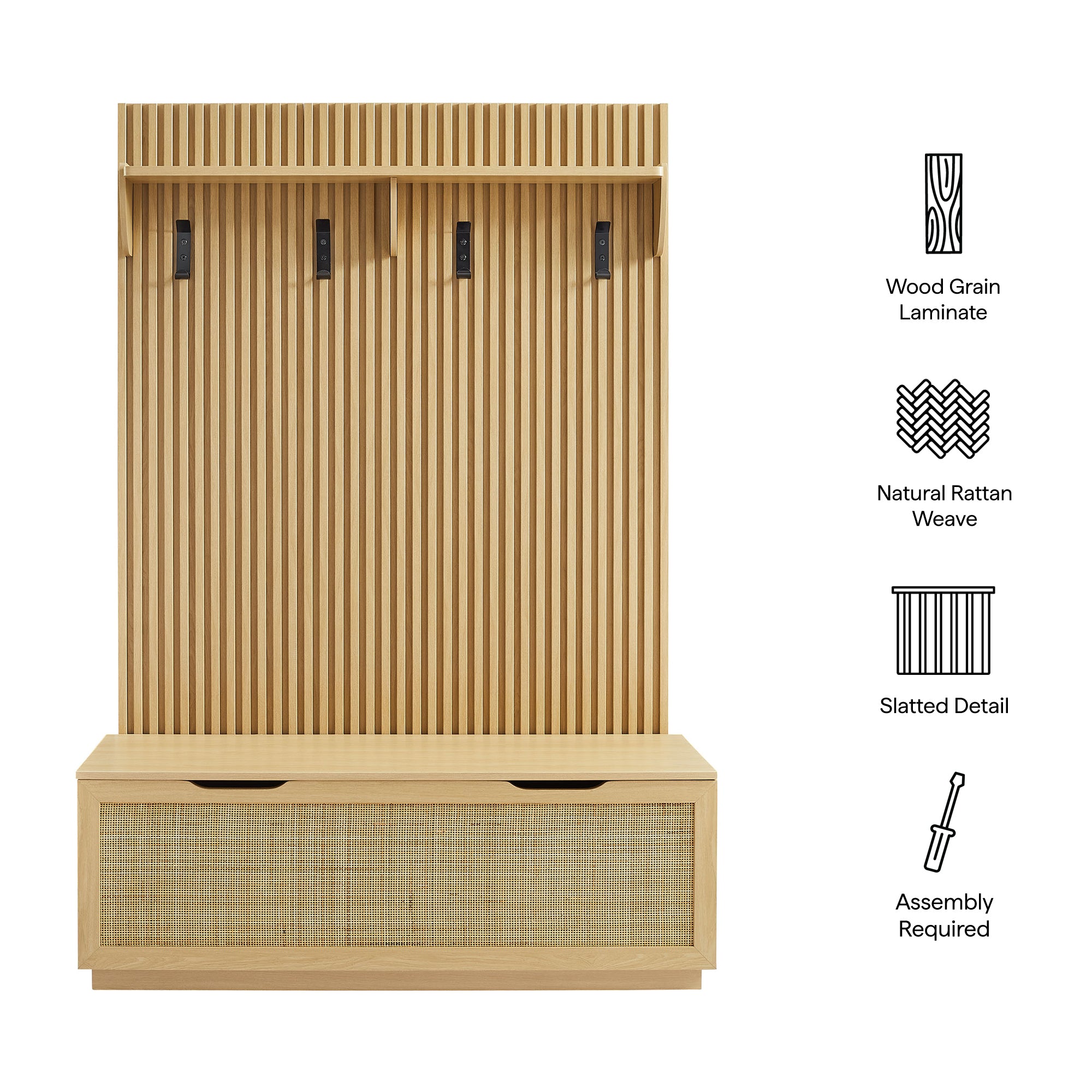 Soma Fluted 3-in-1 Hall Tree With Storage Bench and Coat Rack, Light Oak
