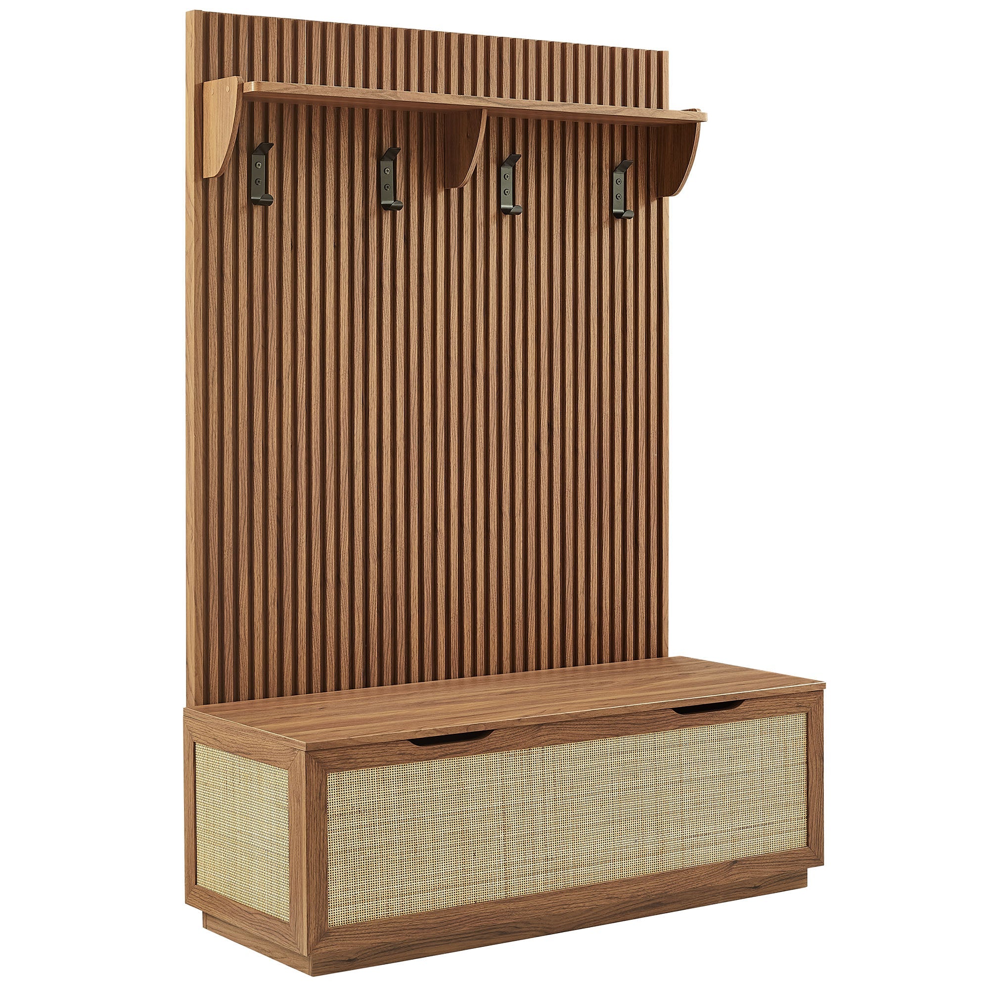 Soma Fluted 3-in-1 Hall Tree With Storage Bench and Coat Rack, Walnut
