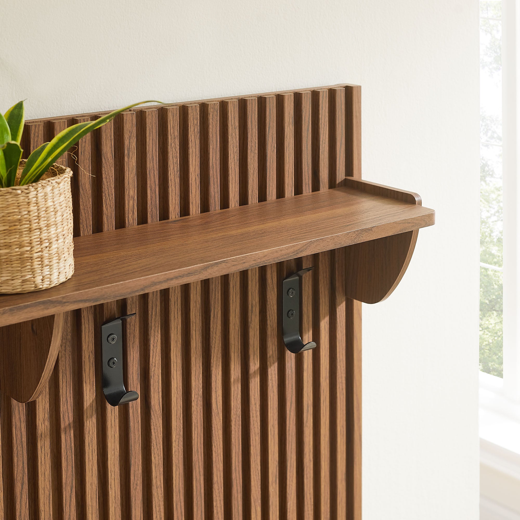 Soma Fluted 3-in-1 Hall Tree With Storage Bench and Coat Rack, Walnut