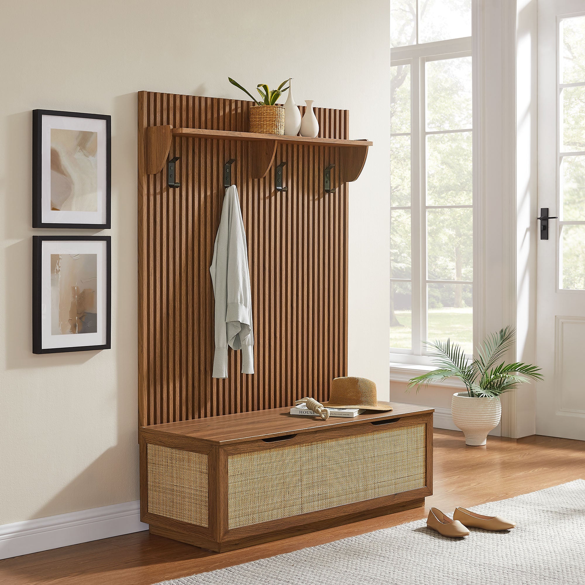 Soma Fluted 3-in-1 Hall Tree With Storage Bench and Coat Rack, Walnut