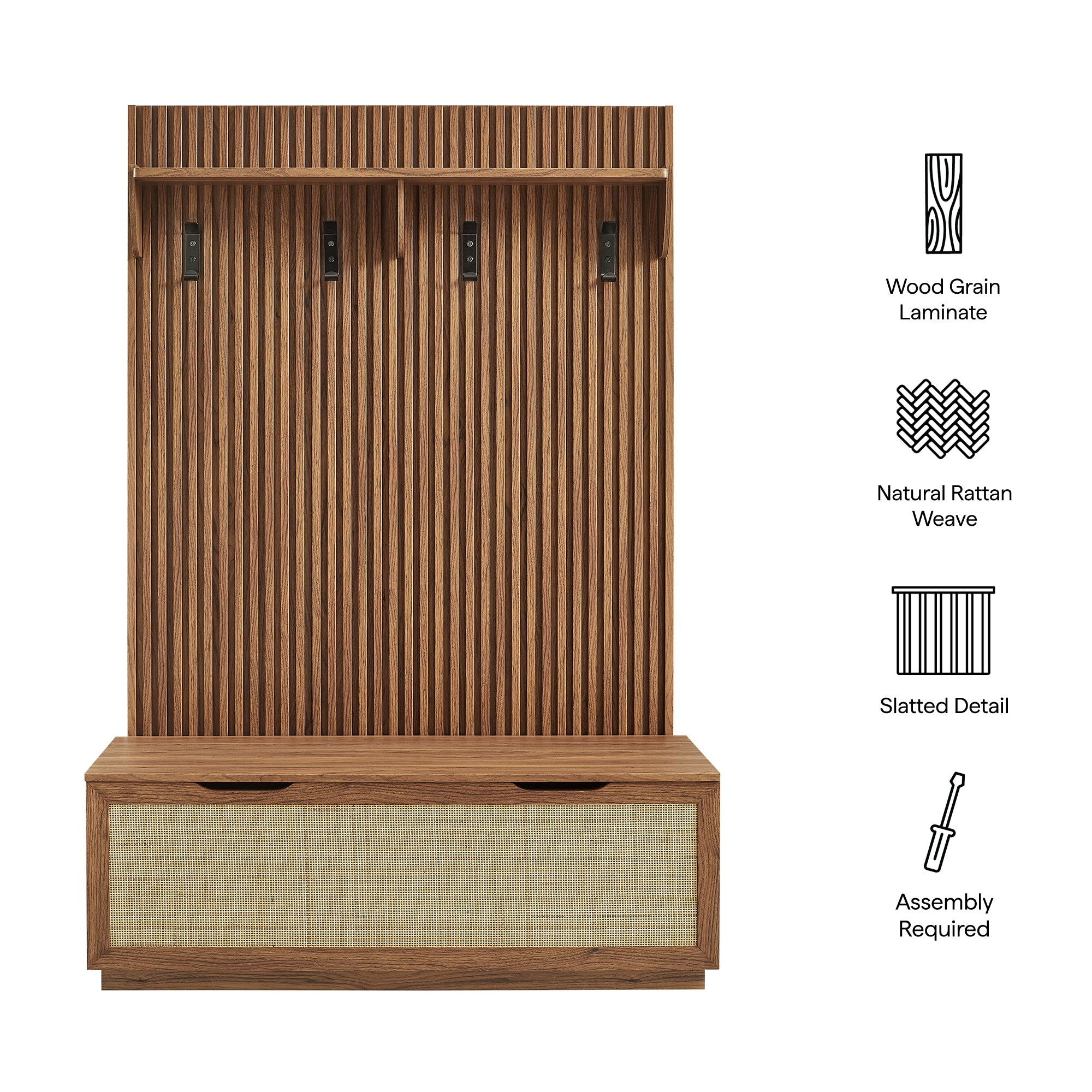 Soma Fluted 3-in-1 Hall Tree With Storage Bench and Coat Rack, Walnut
