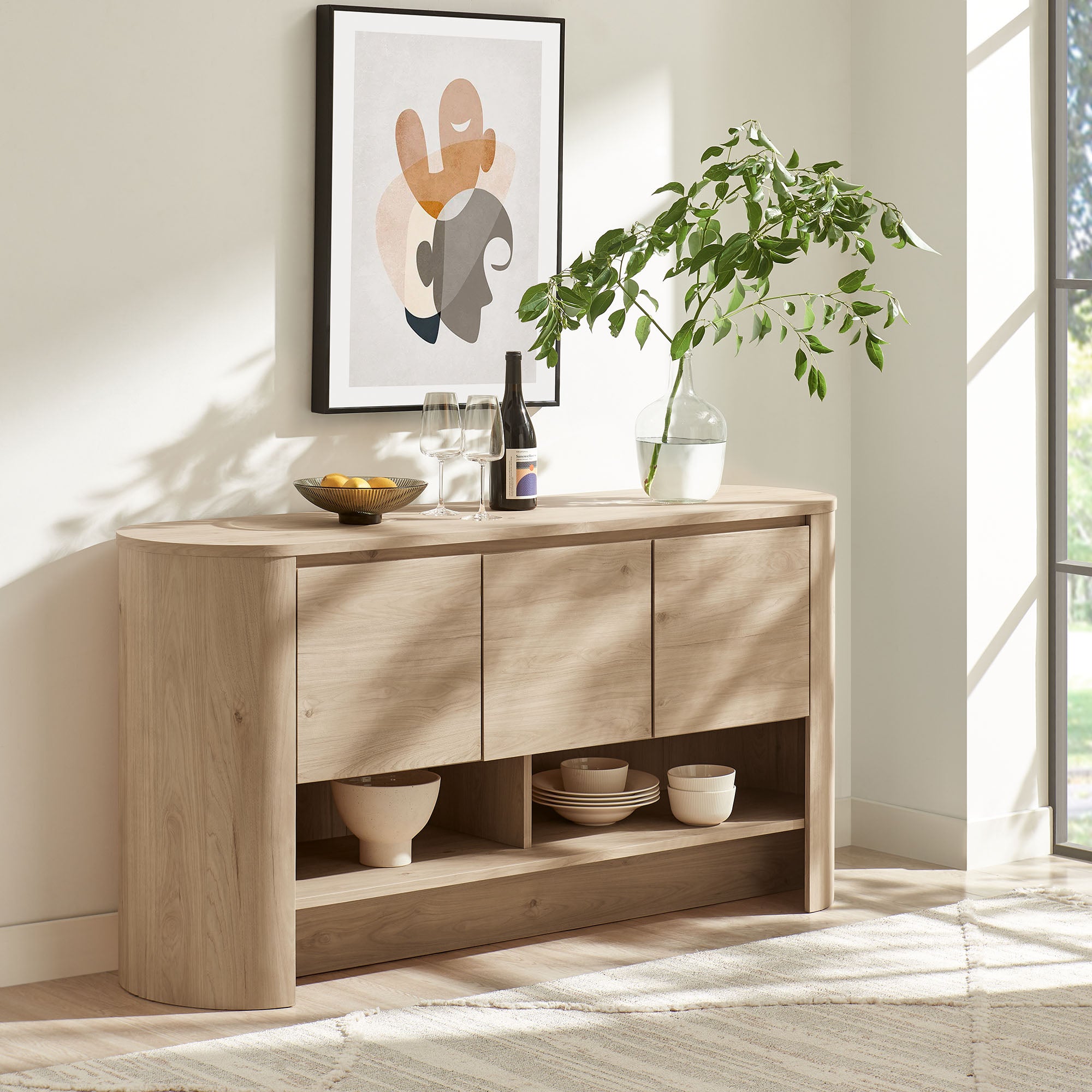 Duval 62 Inch Oval Sideboard, Light Oak