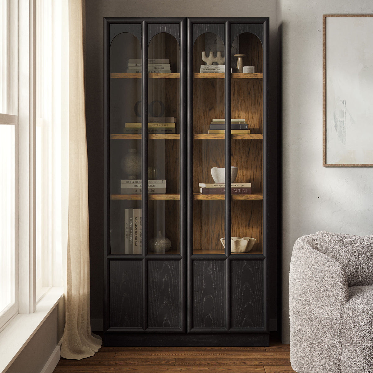 Anwen Solid Wood and Glass Display Cabinet, Black Oak