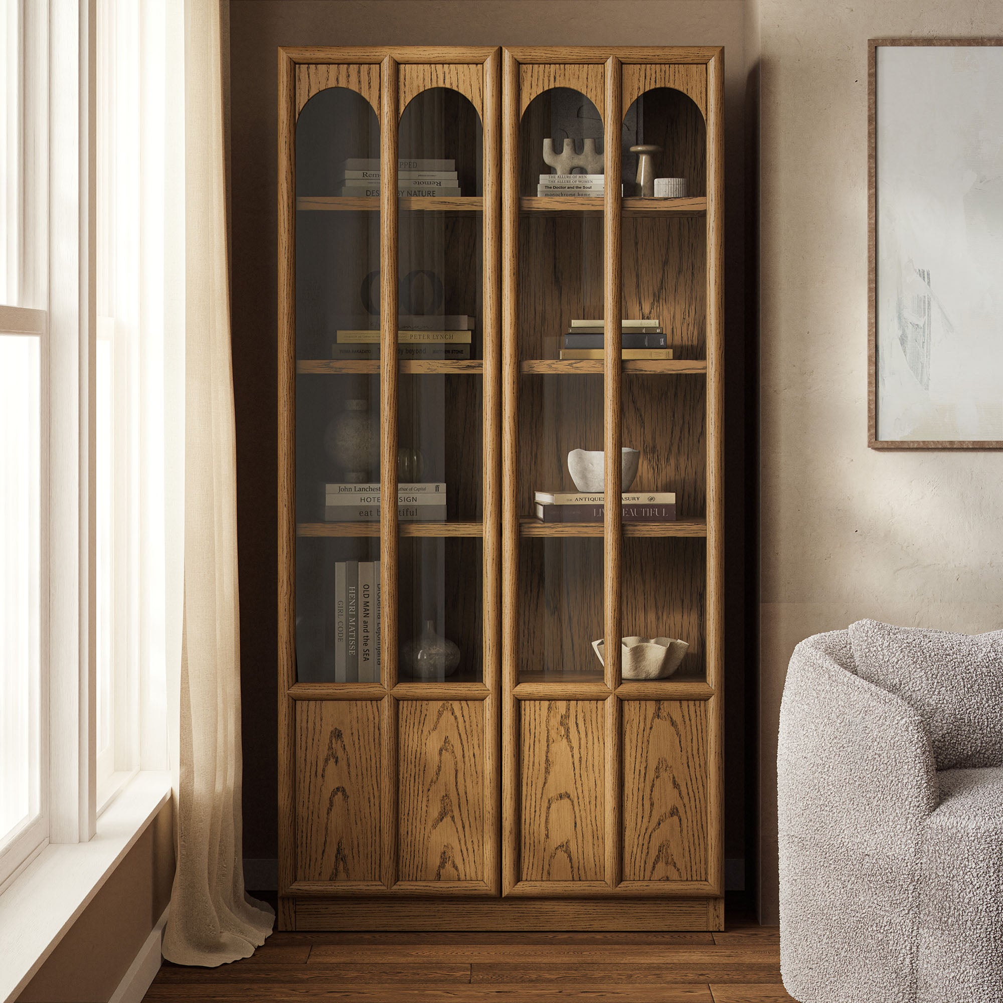 Anwen Solid Wood and Glass Display Cabinet, Oak
