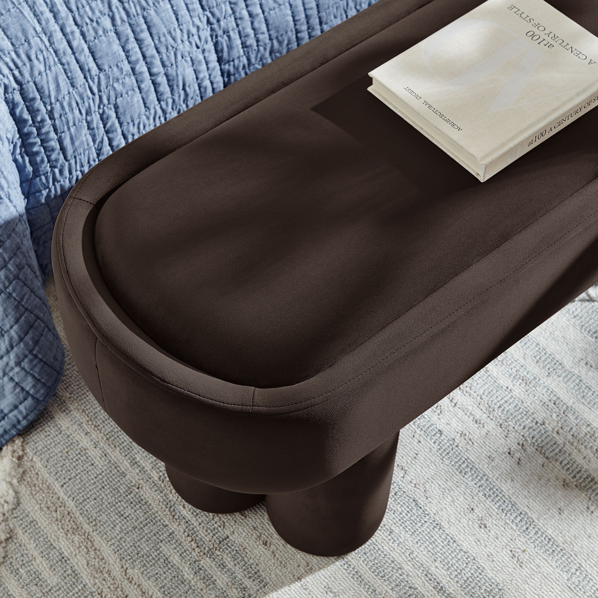 Mossi Oval Performance Velvet Accent Bench, Chocolate Brown