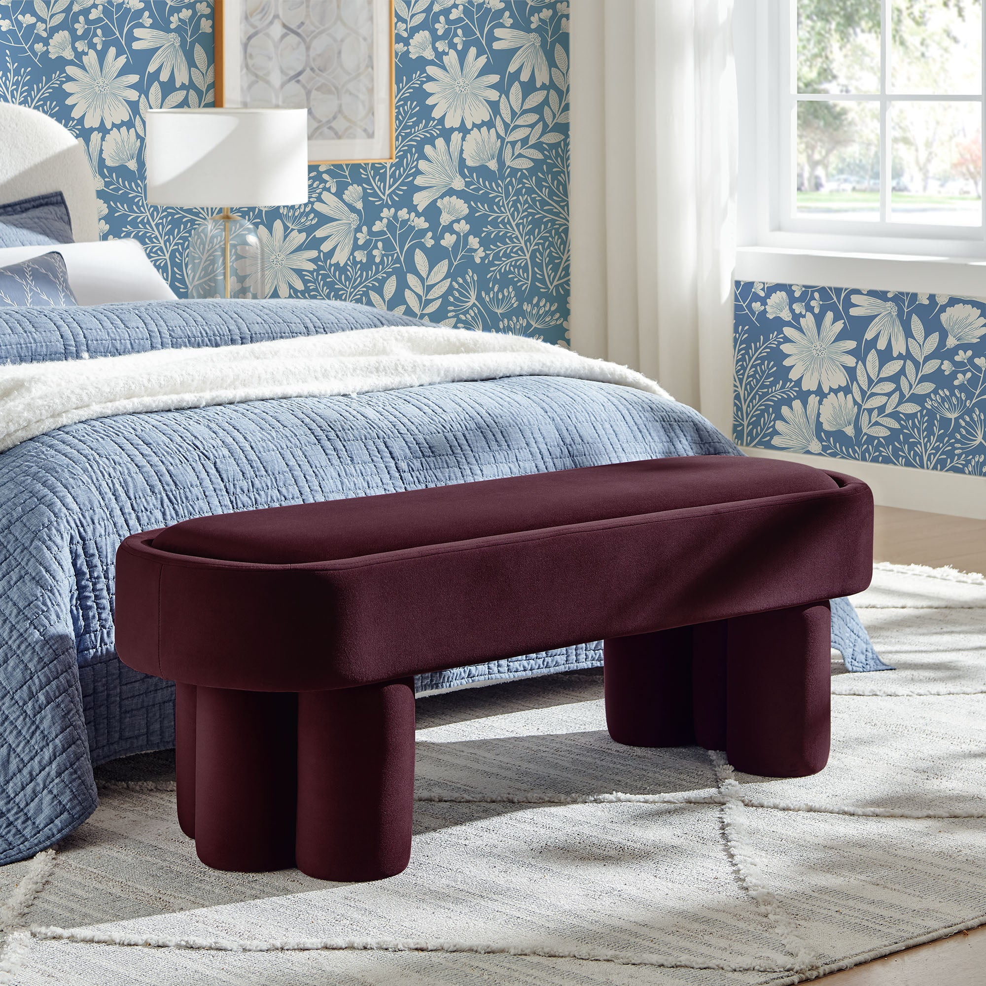Mossi Oval Performance Velvet Accent Bench, Mulberry