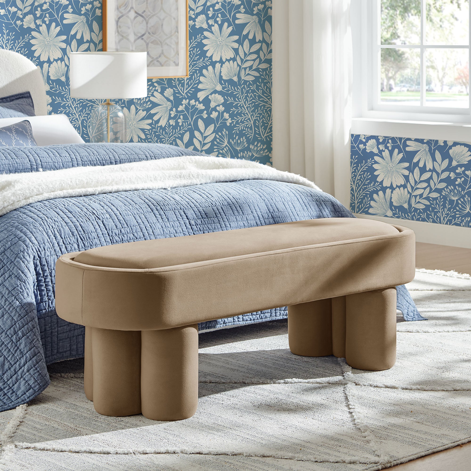 Mossi Oval Performance Velvet Accent Bench, Taupe