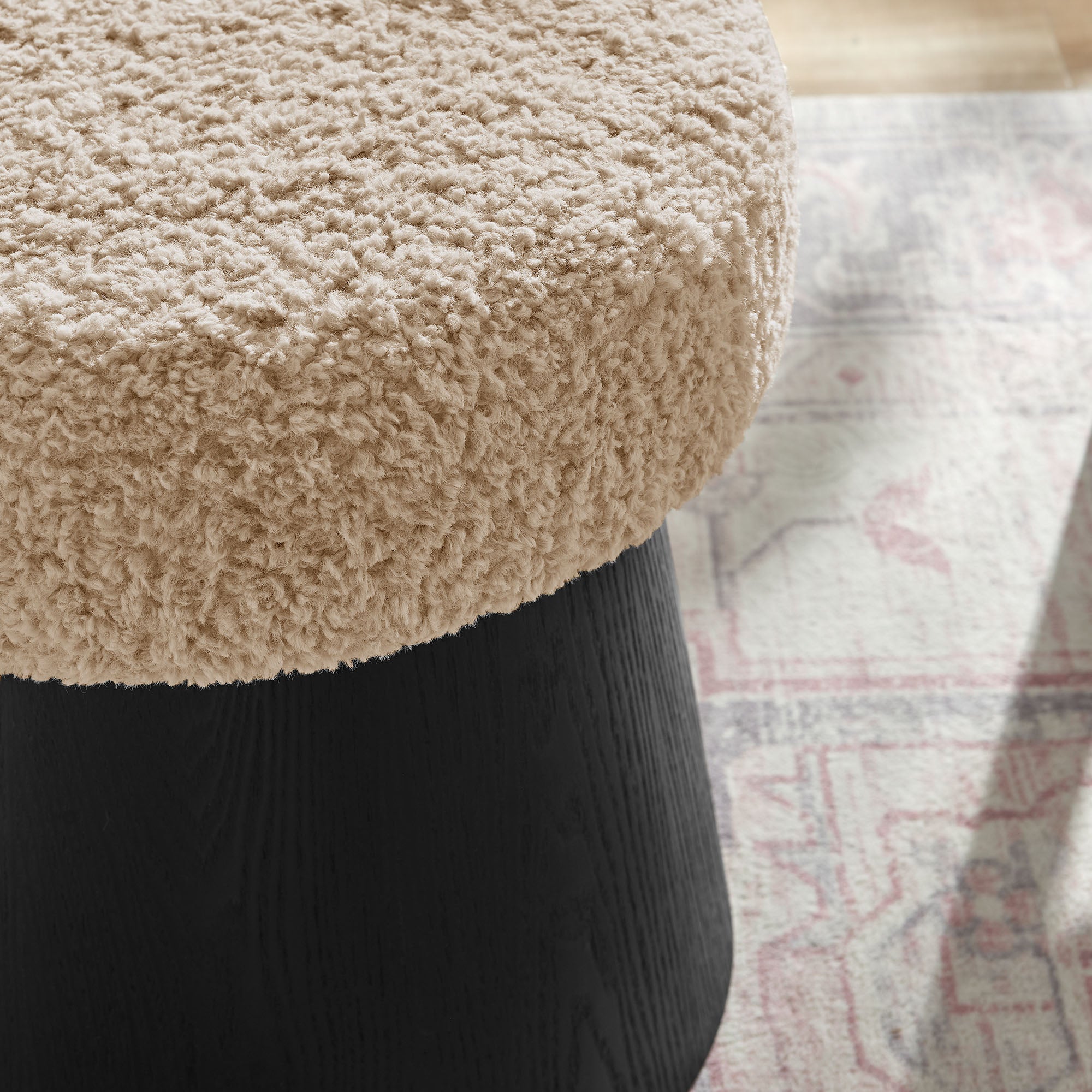 Ketra Round Faux Shearling Ottoman Footstool, Oatmeal Black