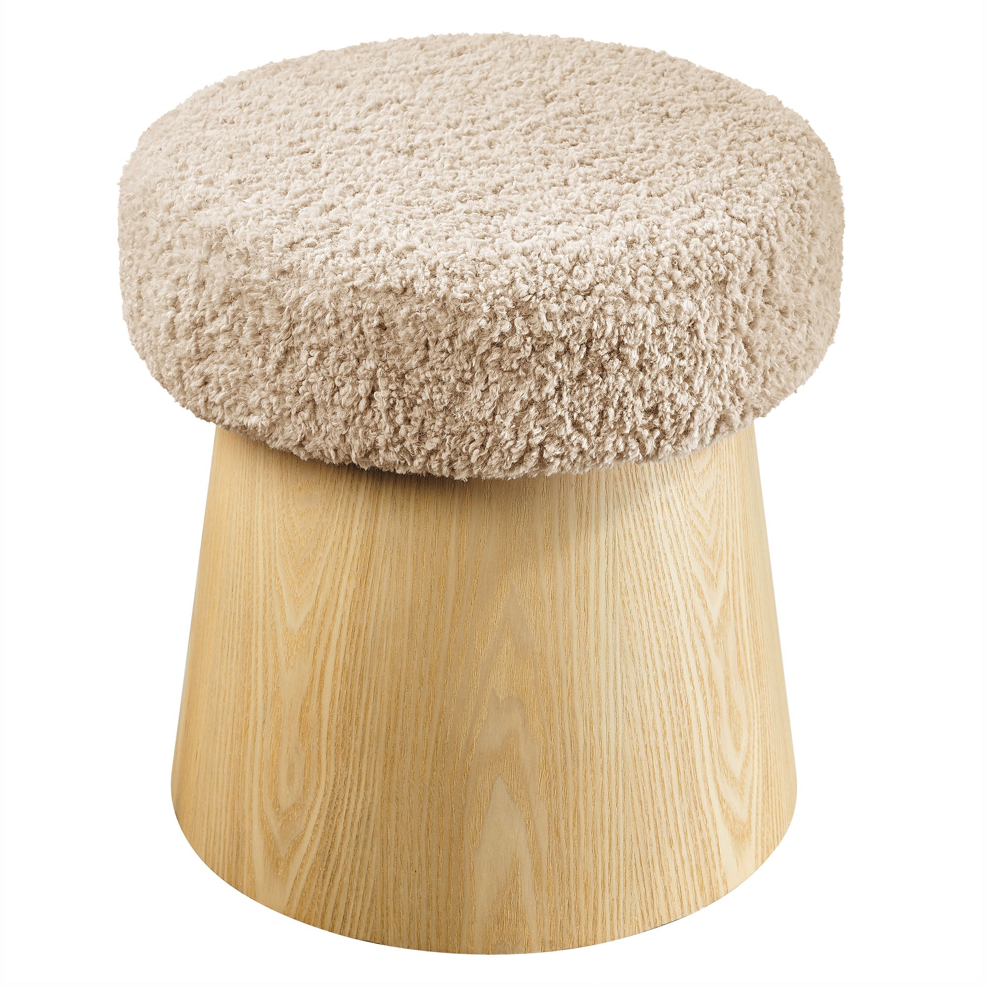 Ketra Round Faux Shearling Ottoman Footstool, Oatmeal Oak