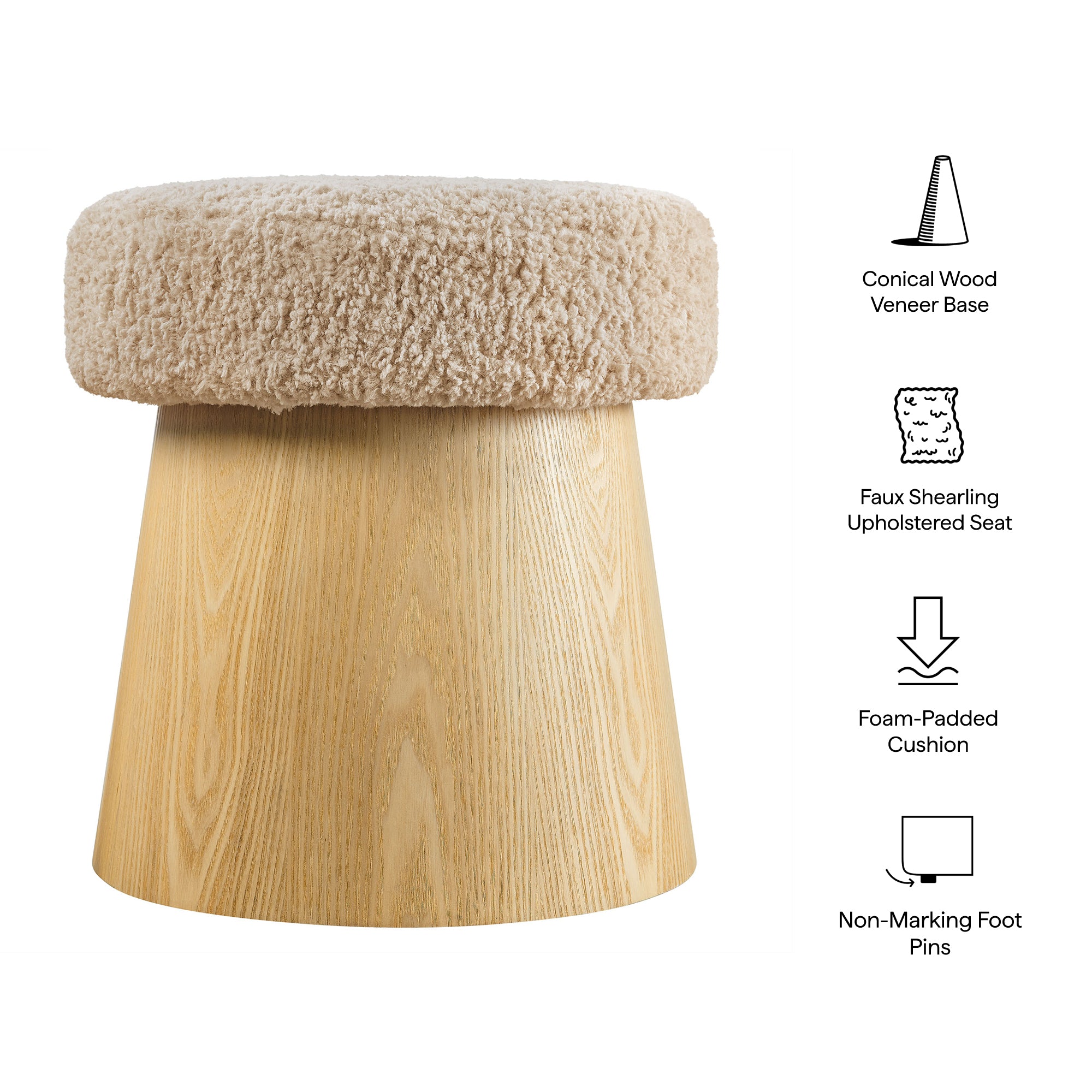 Ketra Round Faux Shearling Ottoman Footstool, Oatmeal Oak