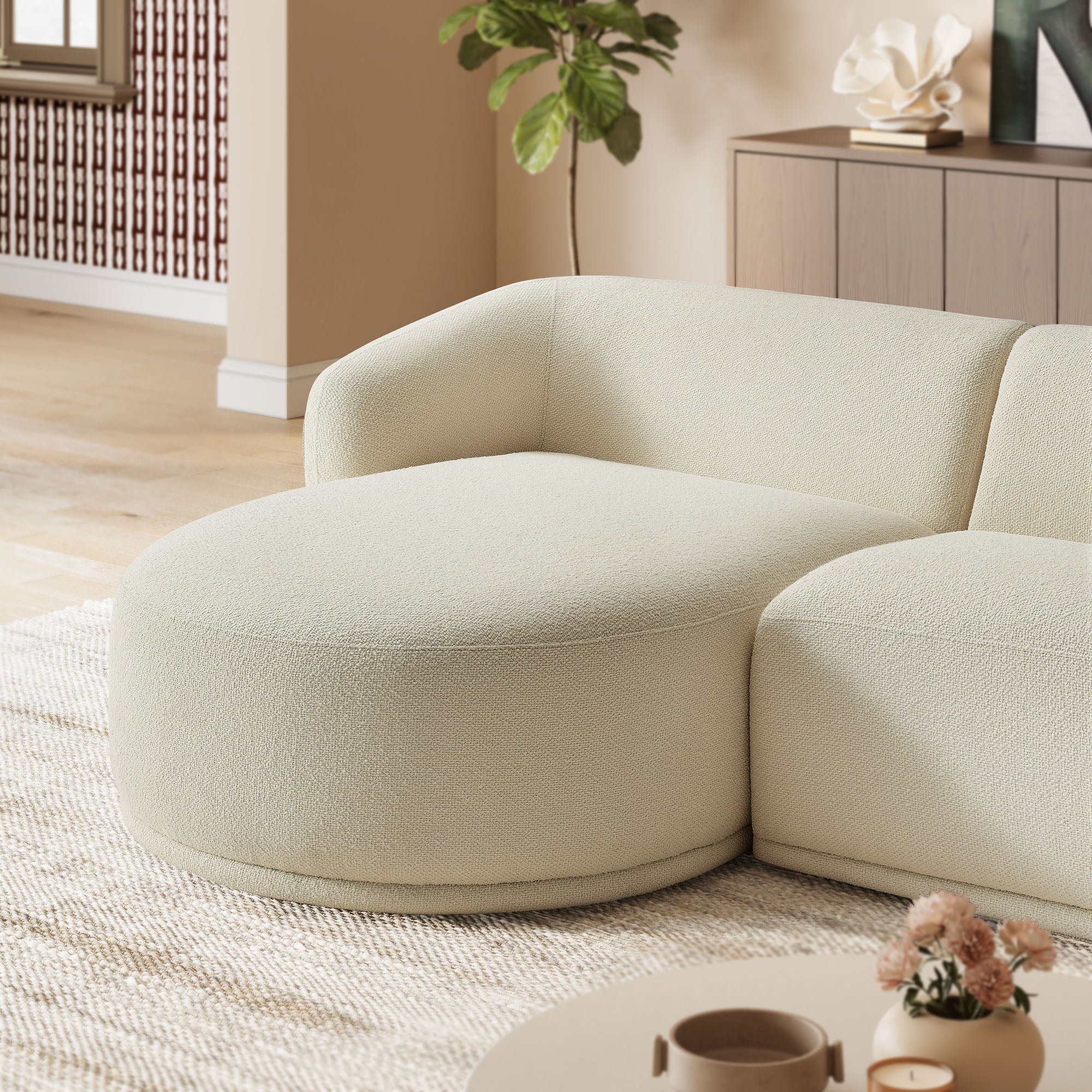 Monica 2 Piece Left Facing Boucle Fabric Modular Sofa with Chaise, Cream