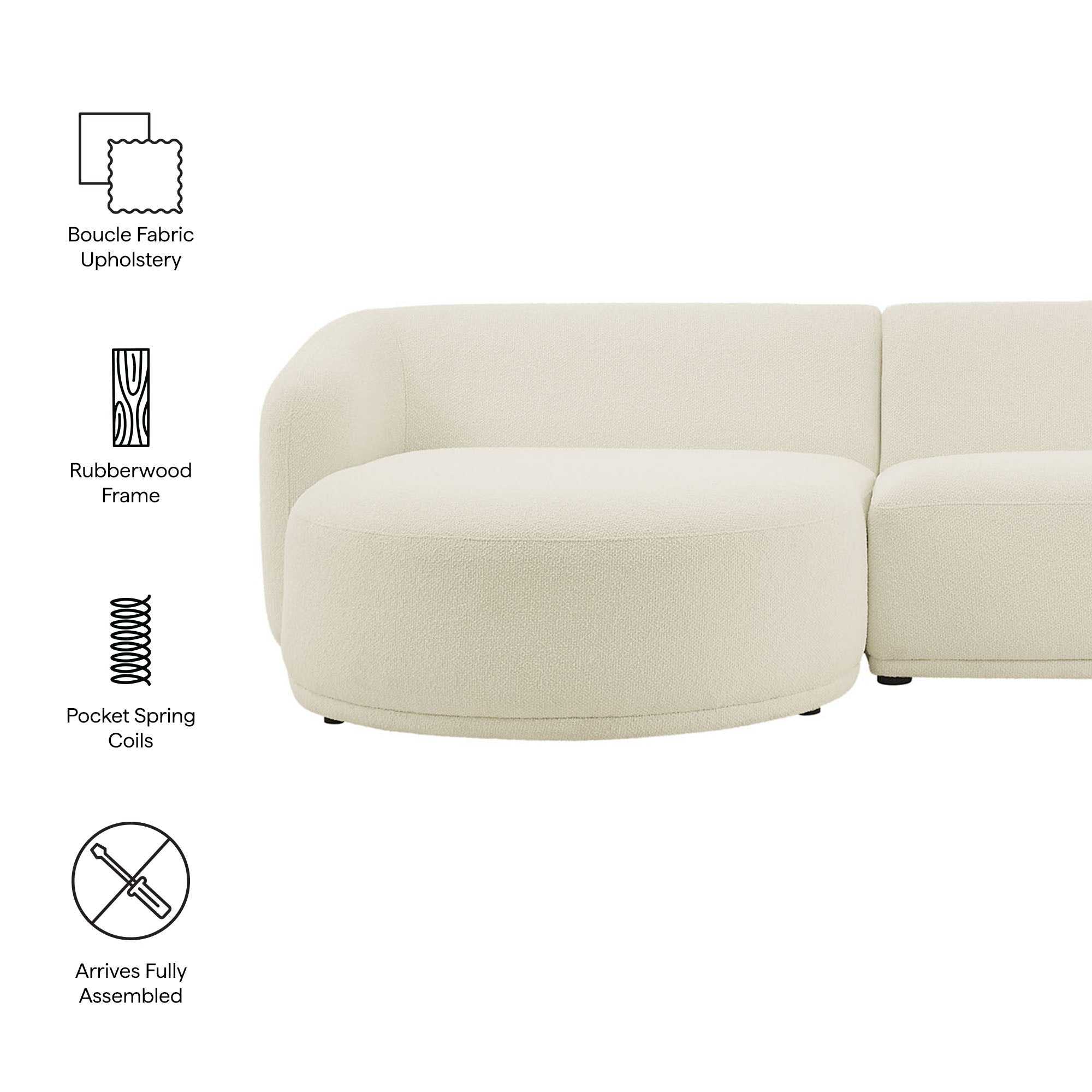 Monica 2 Piece Left Facing Boucle Fabric Modular Sofa with Chaise, Cream