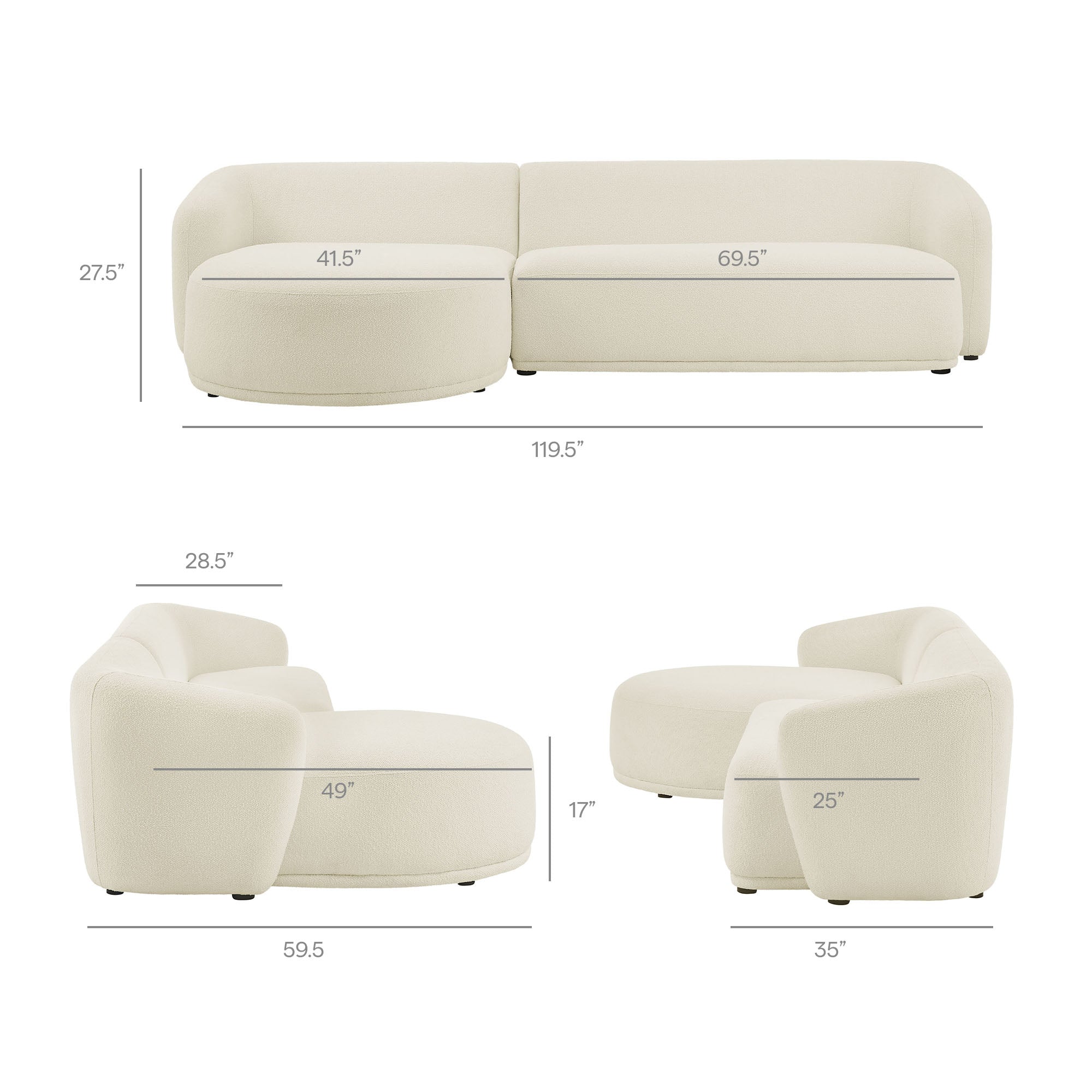 Monica 2 Piece Left Facing Boucle Fabric Modular Sofa with Chaise, Cream