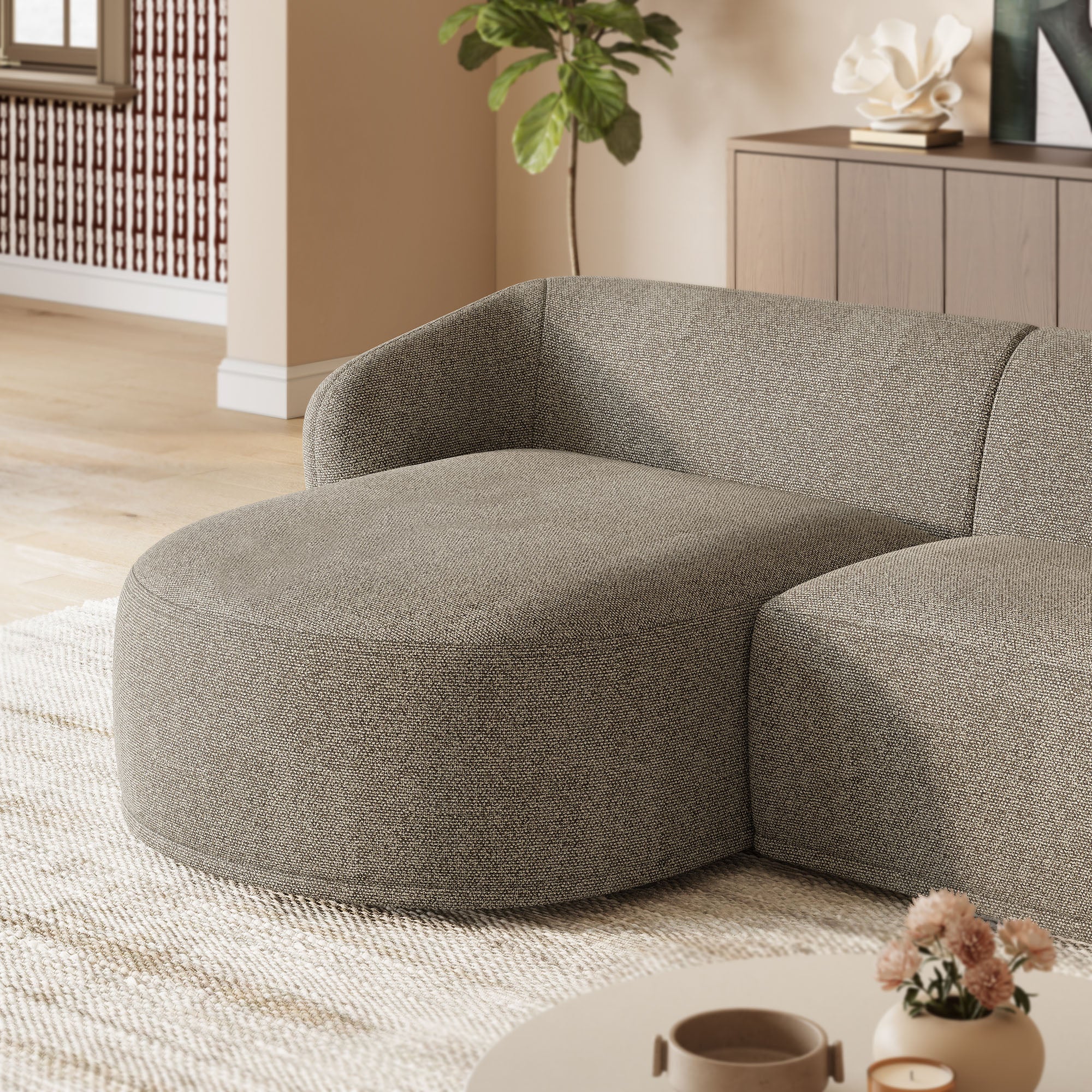 Monica 2 Piece Left Facing Boucle Fabric Modular Sofa with Chaise, Earth