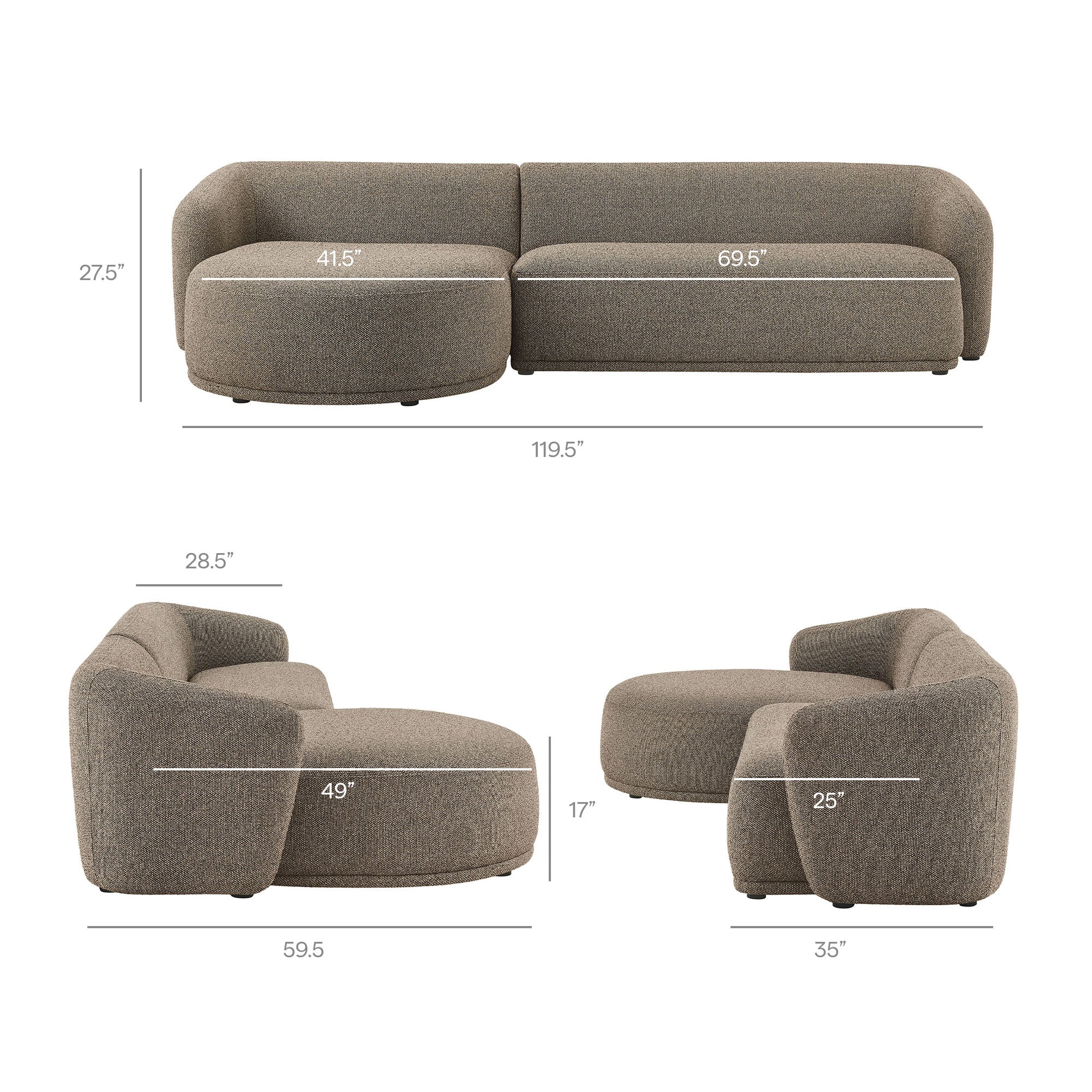 Monica 2 Piece Left Facing Boucle Fabric Modular Sofa with Chaise, Earth