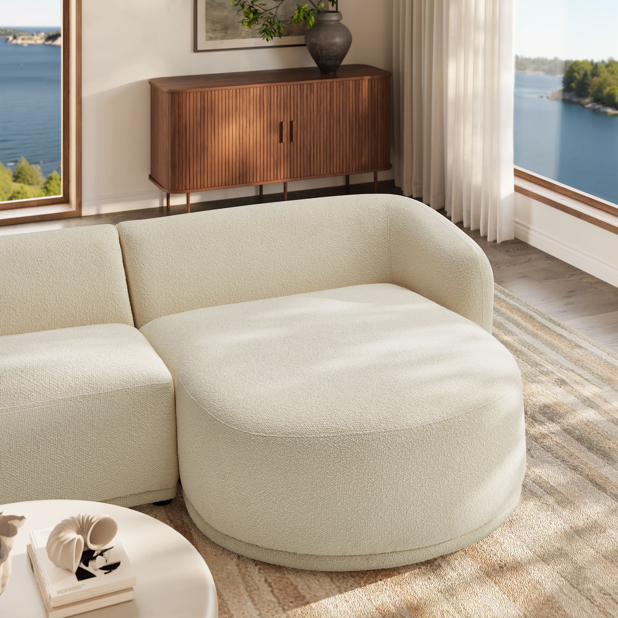 Monica 2 Piece Right Facing Boucle Fabric Modular Sofa with Chaise, Cream