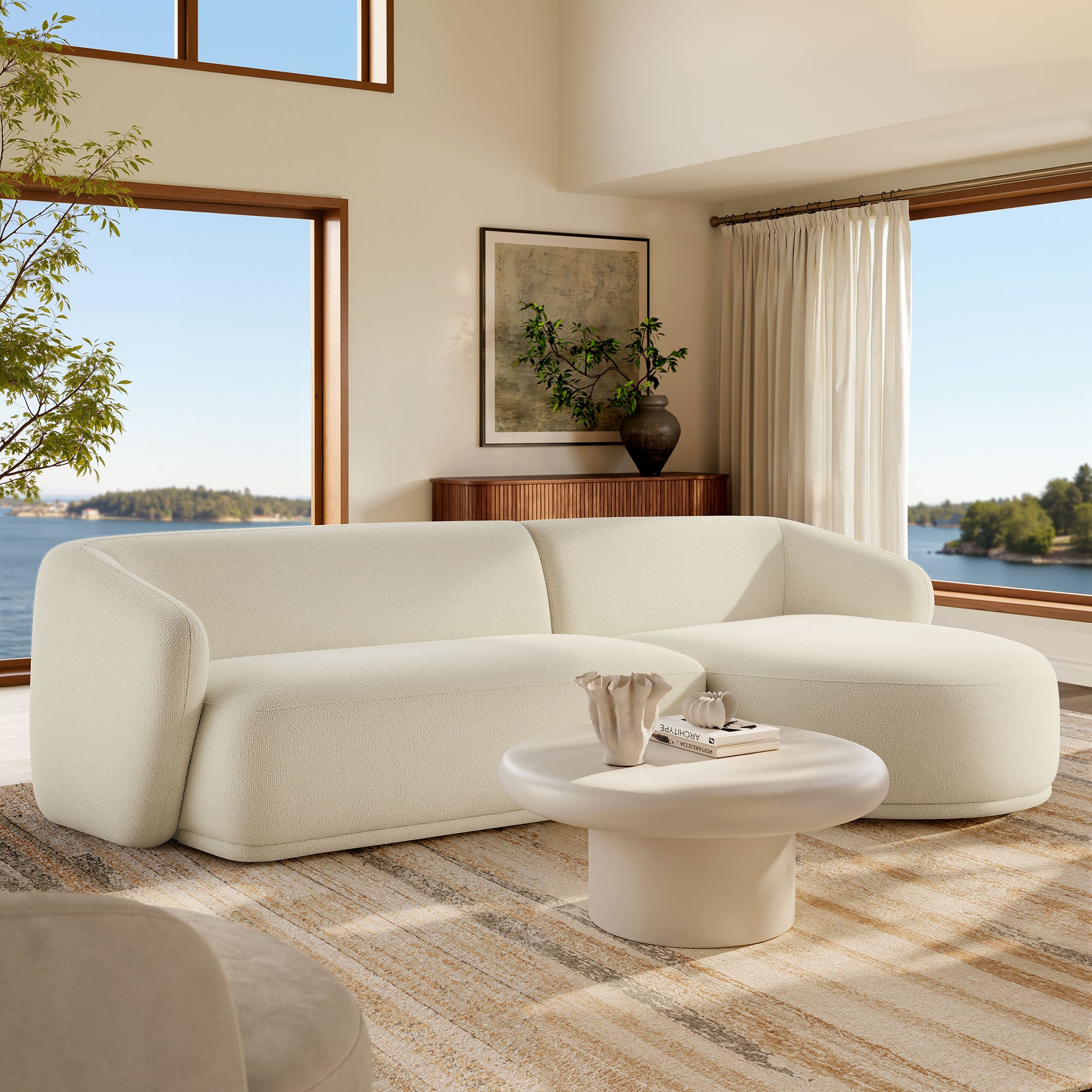 Monica 2 Piece Right Facing Boucle Fabric Modular Sofa with Chaise, Cream