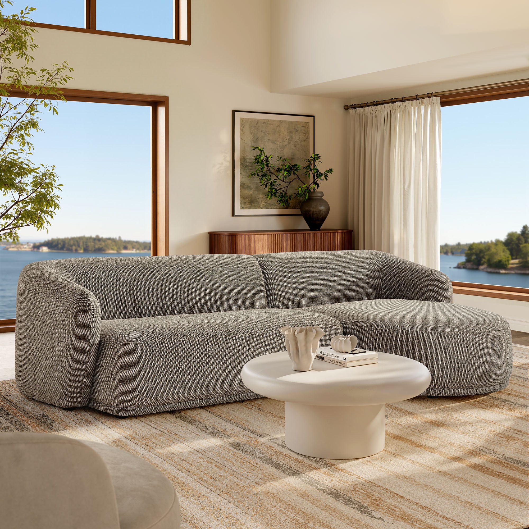 Monica 2 Piece Right Facing Boucle Fabric Modular Sofa with Chaise, Earth