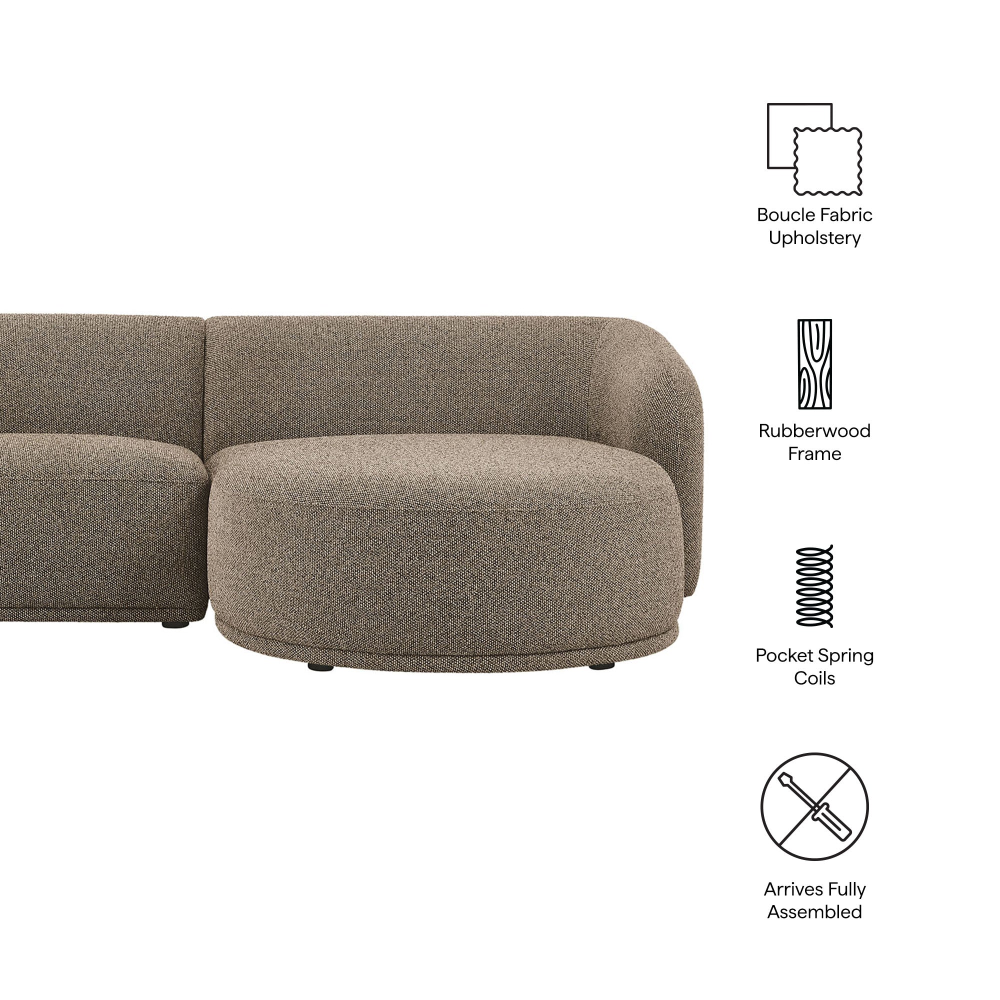 Monica 2 Piece Right Facing Boucle Fabric Modular Sofa with Chaise, Earth
