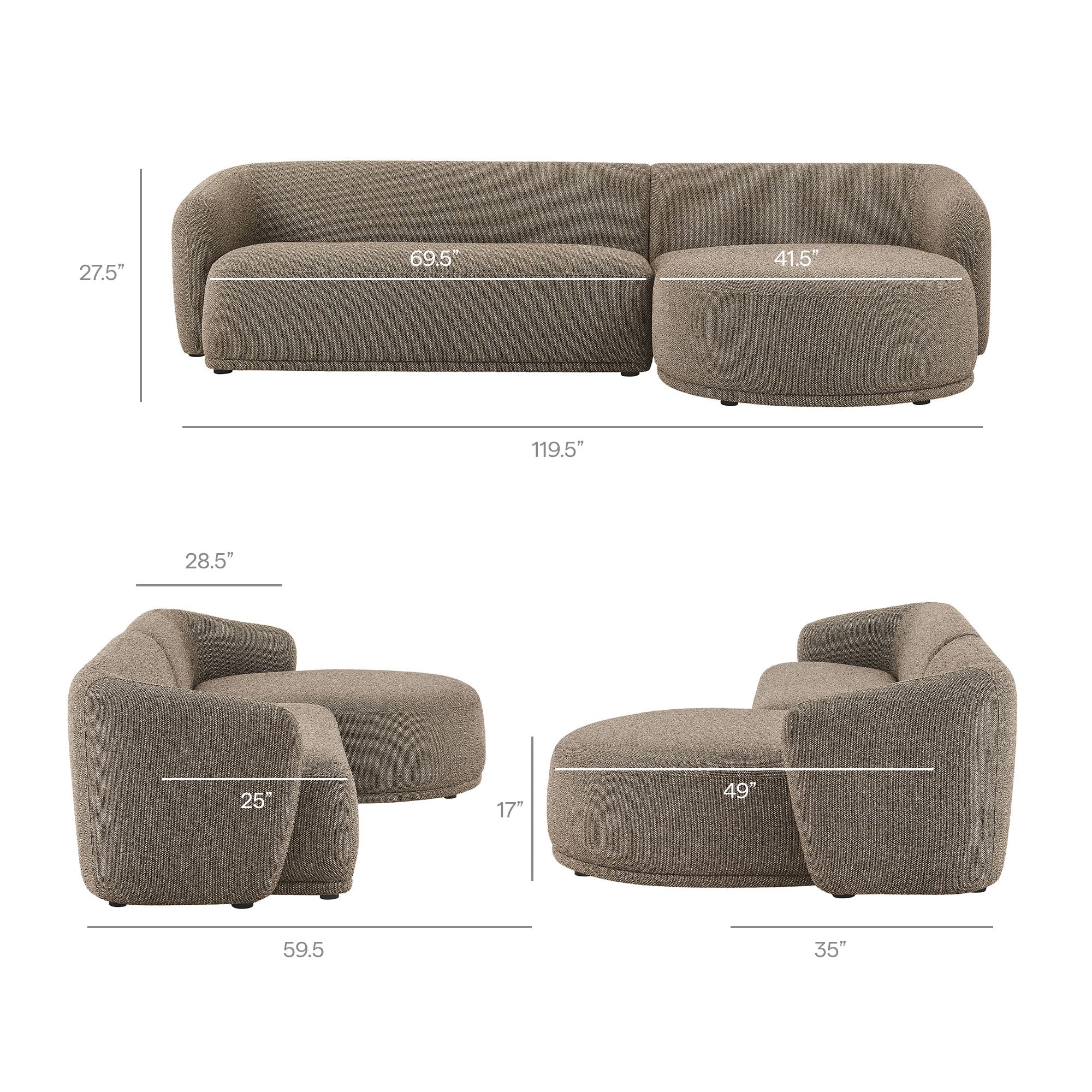 Monica 2 Piece Right Facing Boucle Fabric Modular Sofa with Chaise, Earth