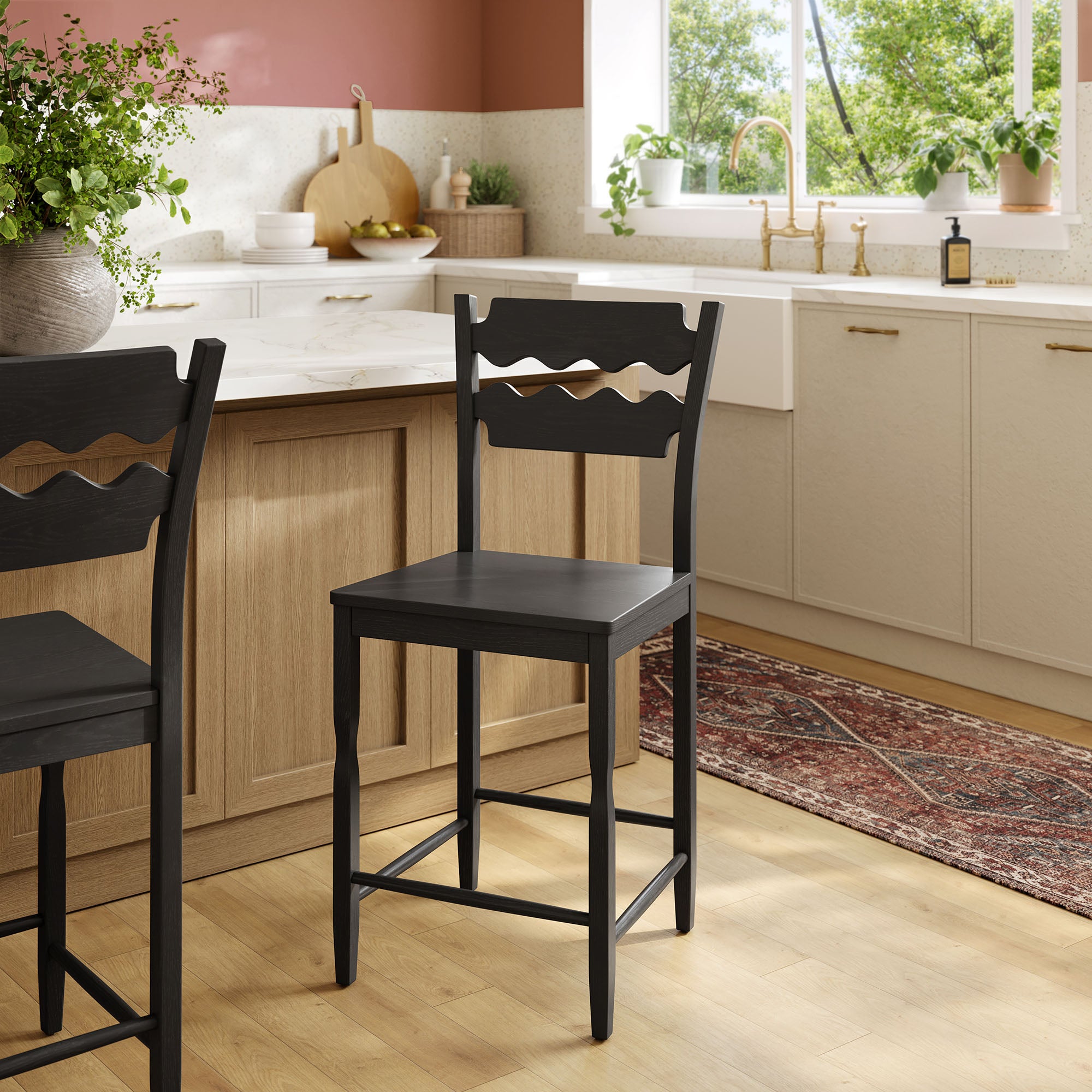 Jax Oak Wood Counter Stool With Wavy Razor Back, Black
