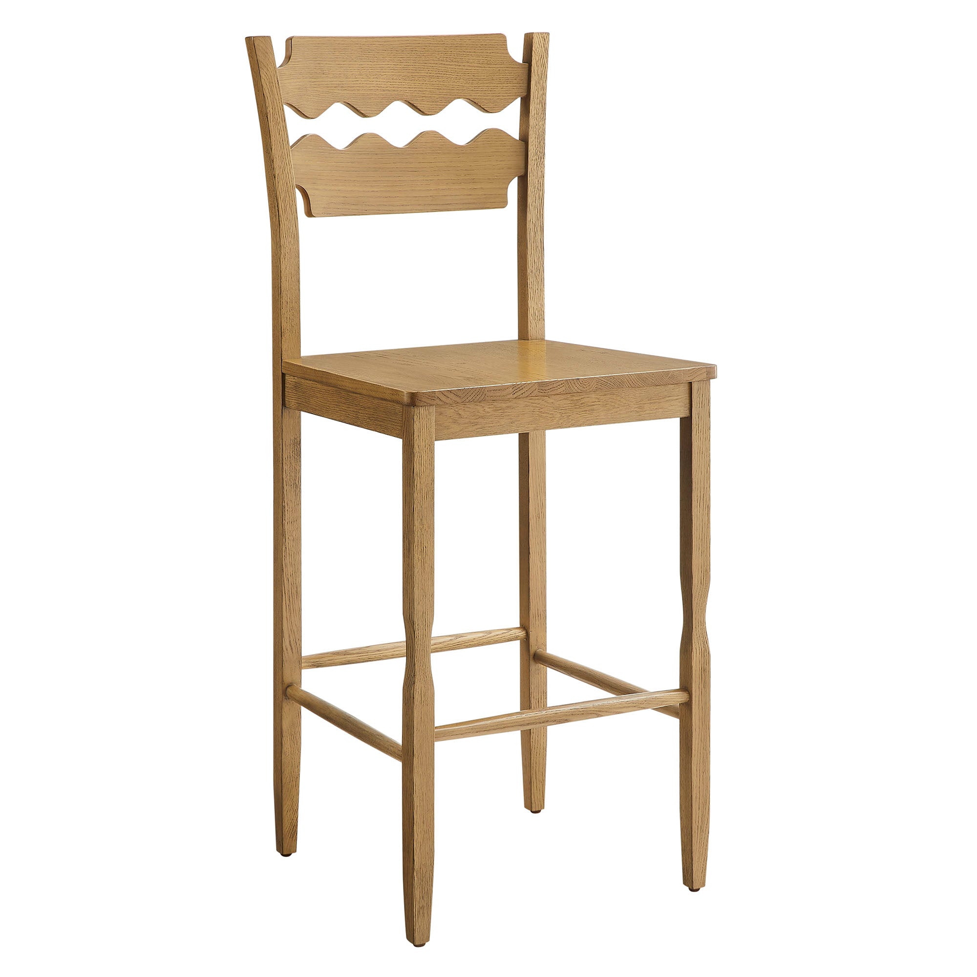 Jax Oak Wood Bar Stool With Wavy Razor Back, Weathered Oak