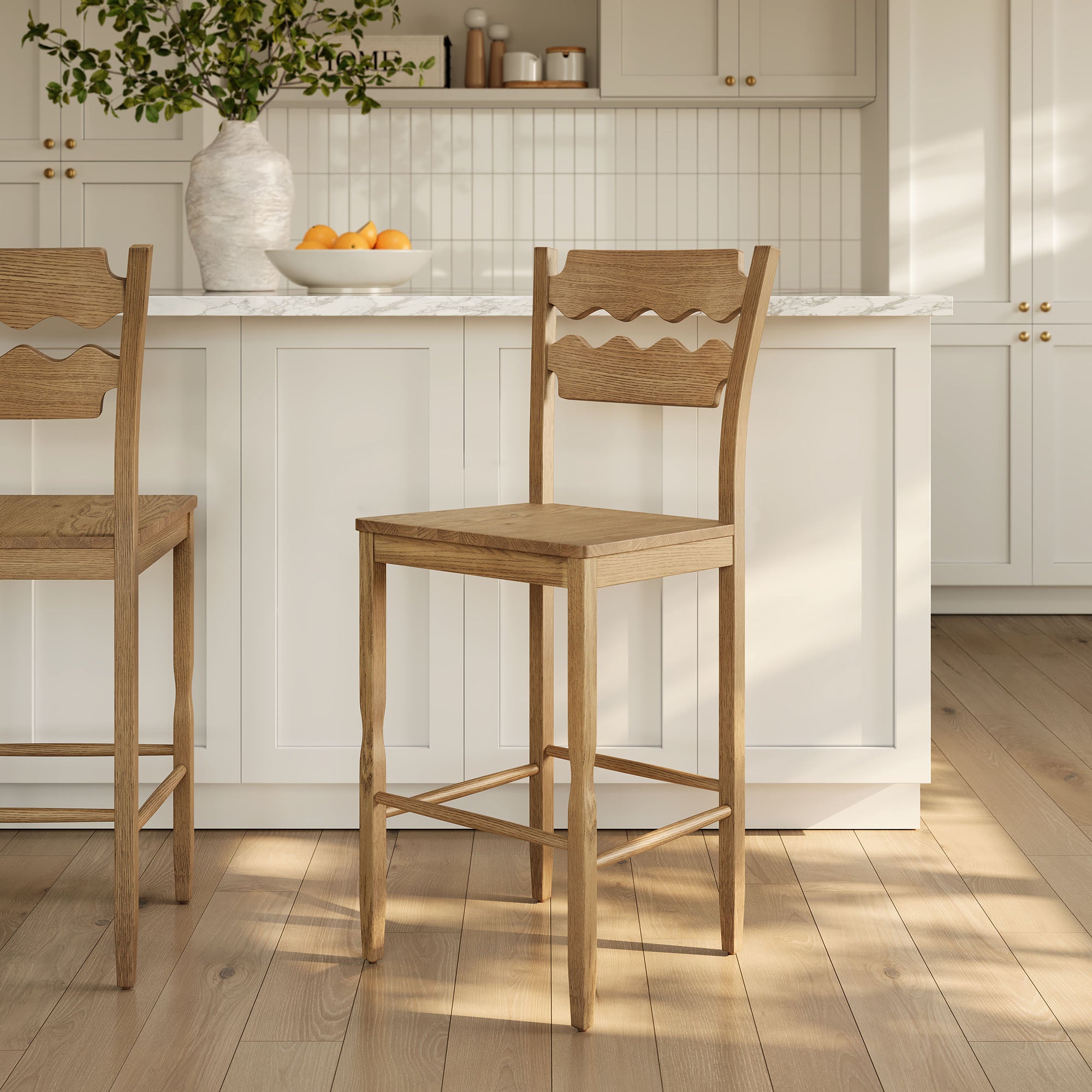Jax Oak Wood Bar Stool With Wavy Razor Back, Weathered Oak