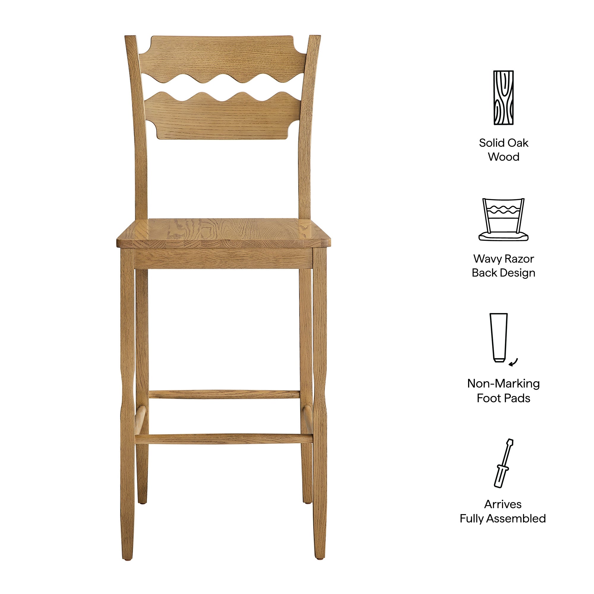 Jax Oak Wood Bar Stool With Wavy Razor Back, Weathered Oak