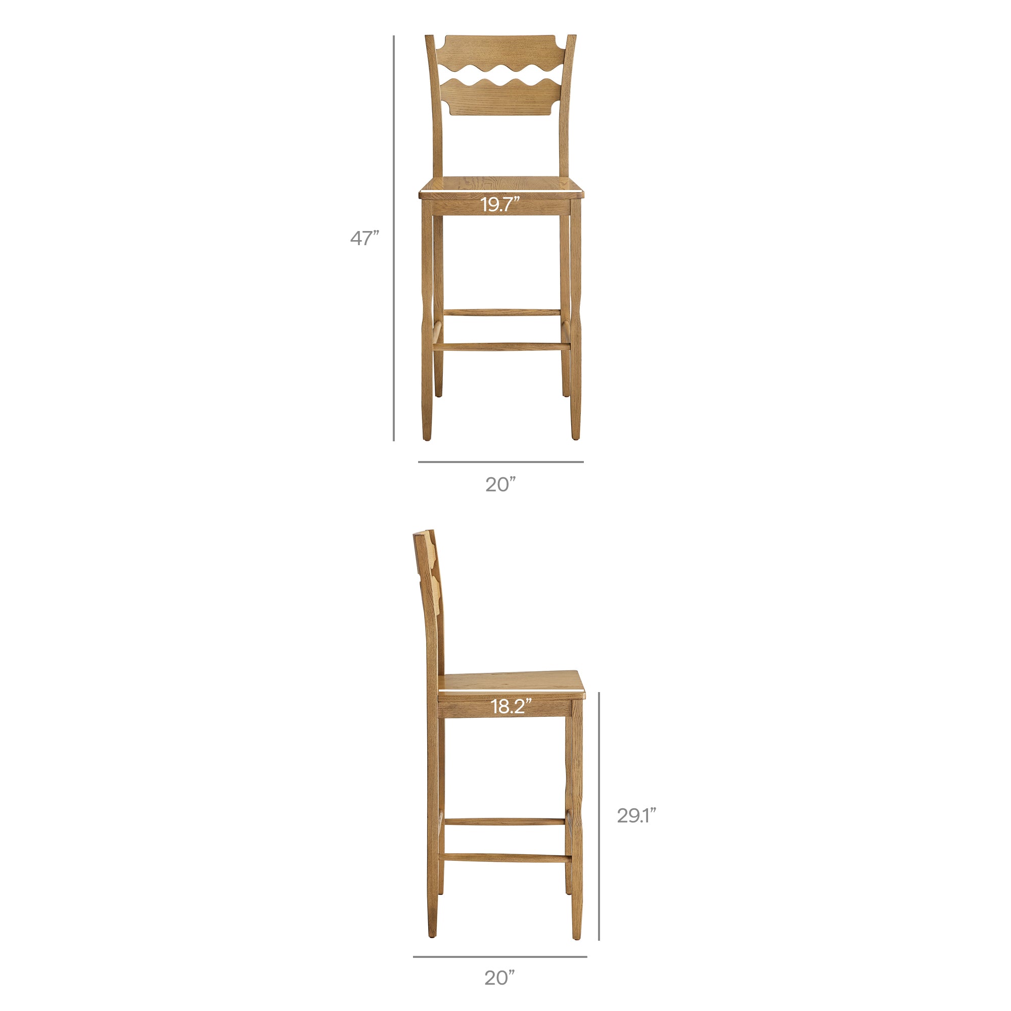 Jax Oak Wood Bar Stool With Wavy Razor Back, Weathered Oak