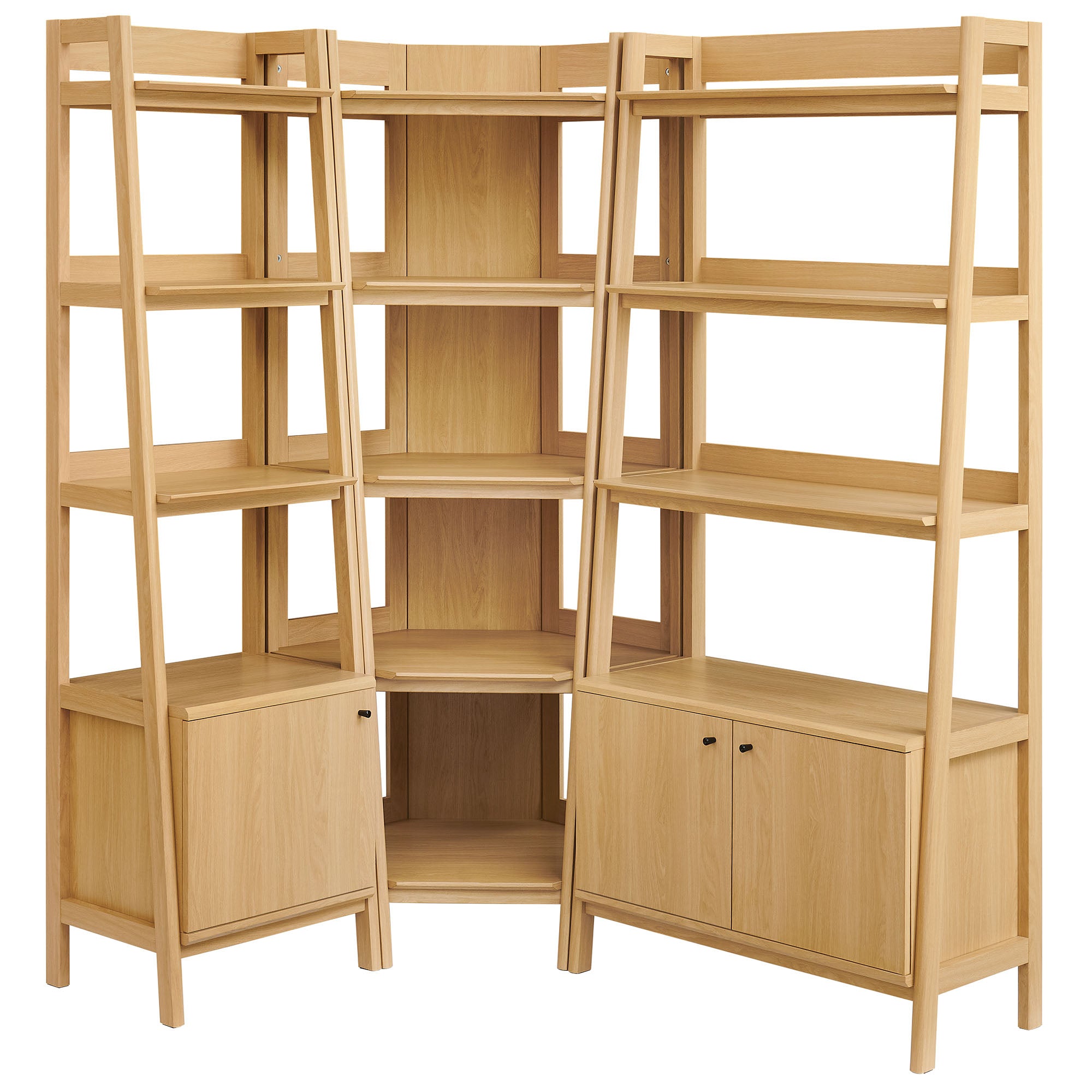 Bixby 3 Piece Corner Bookshelf Set With Wide and Narrow Bookshelves, Oak