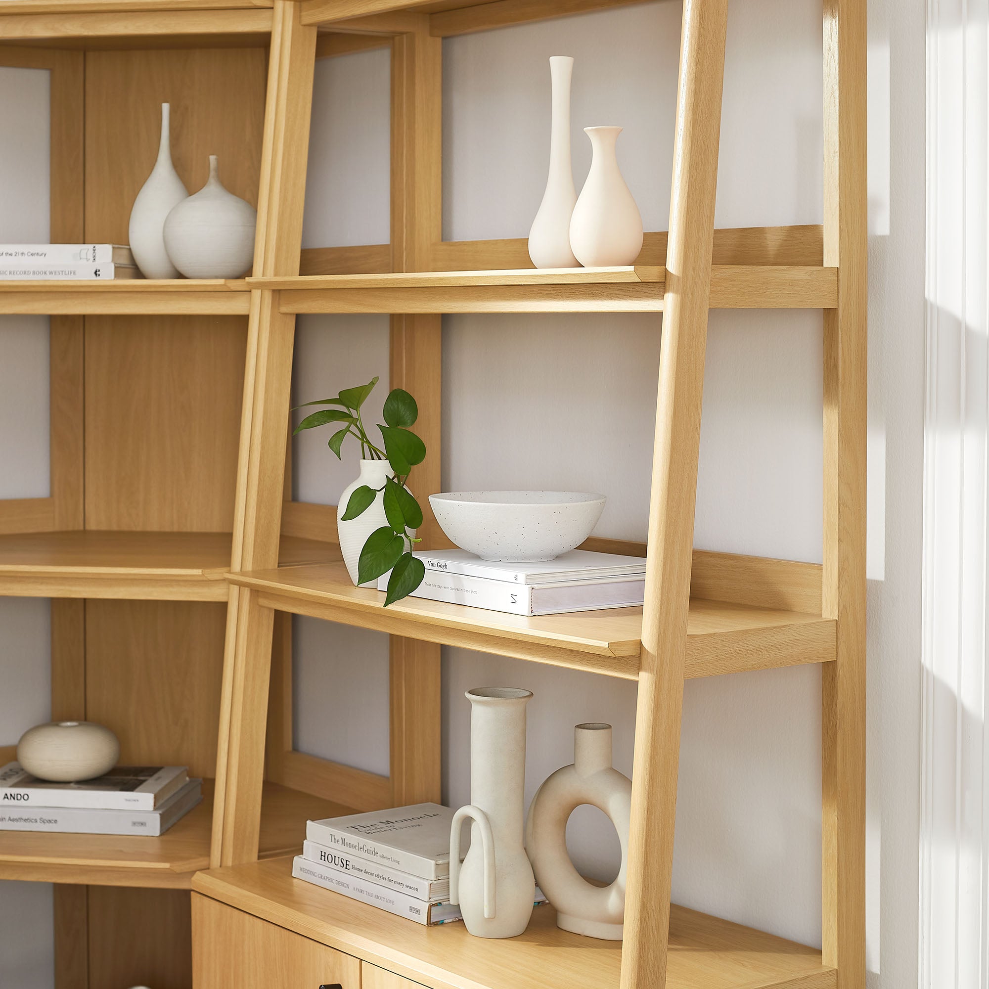 Bixby 3 Piece Corner Bookshelf Set With Wide and Narrow Bookshelves, Oak