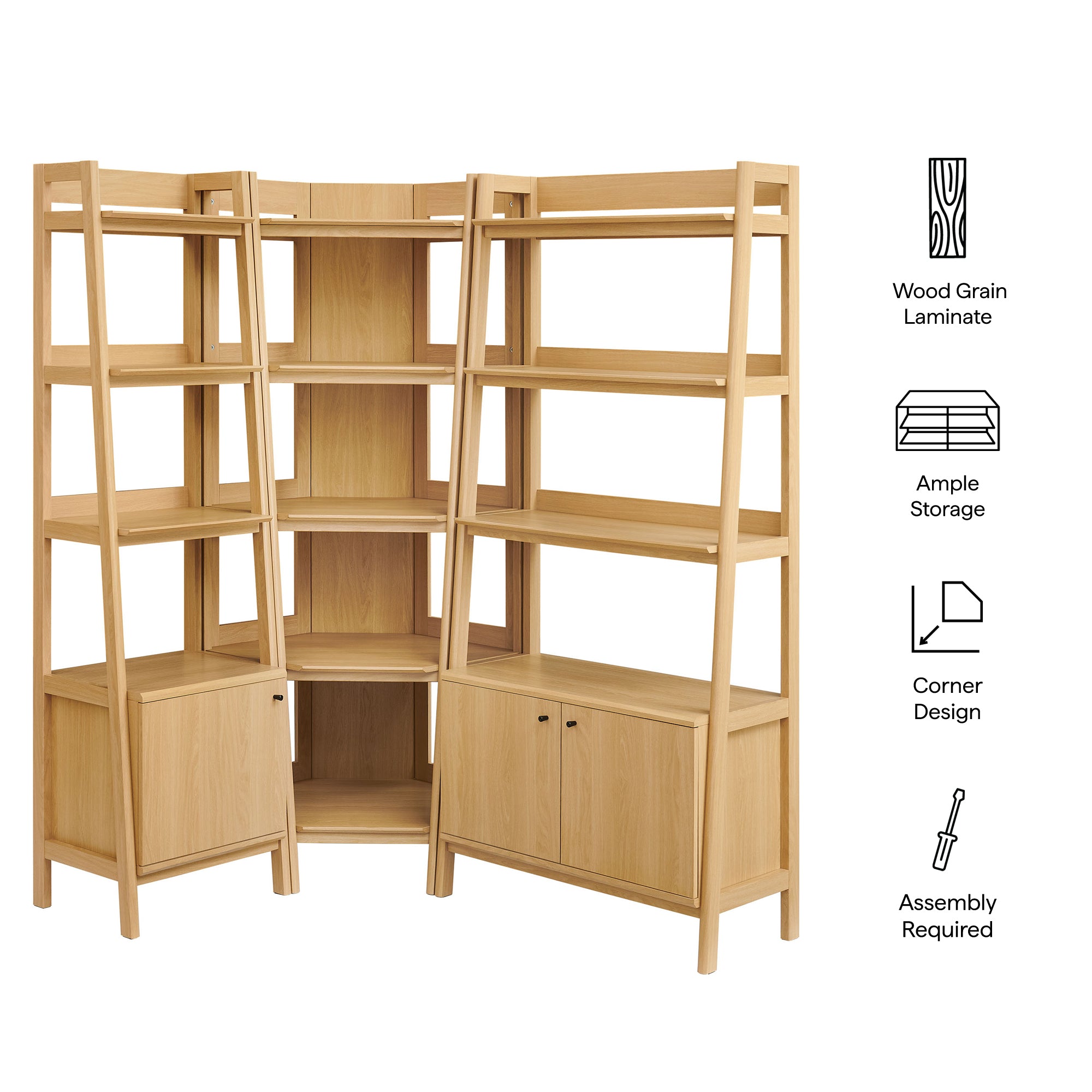 Bixby 3 Piece Corner Bookshelf Set With Wide and Narrow Bookshelves, Oak