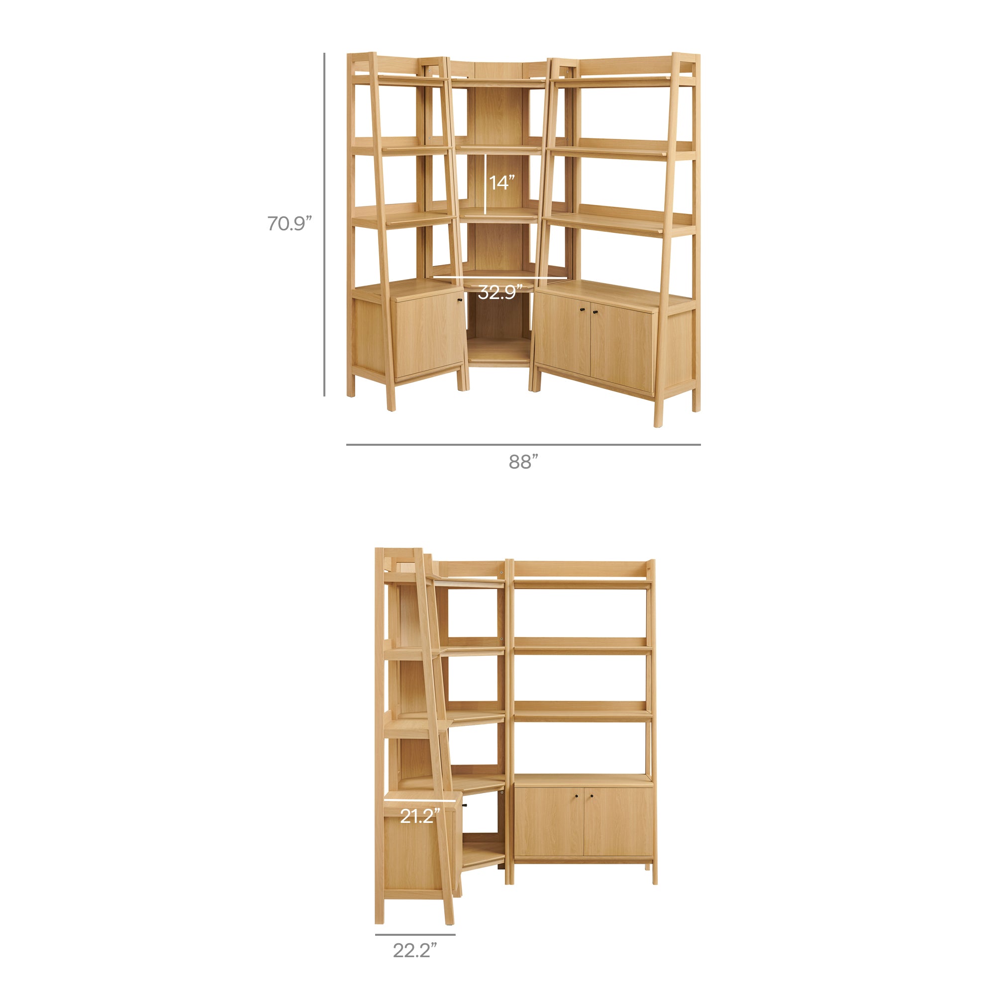 Bixby 3 Piece Corner Bookshelf Set With Wide and Narrow Bookshelves, Oak