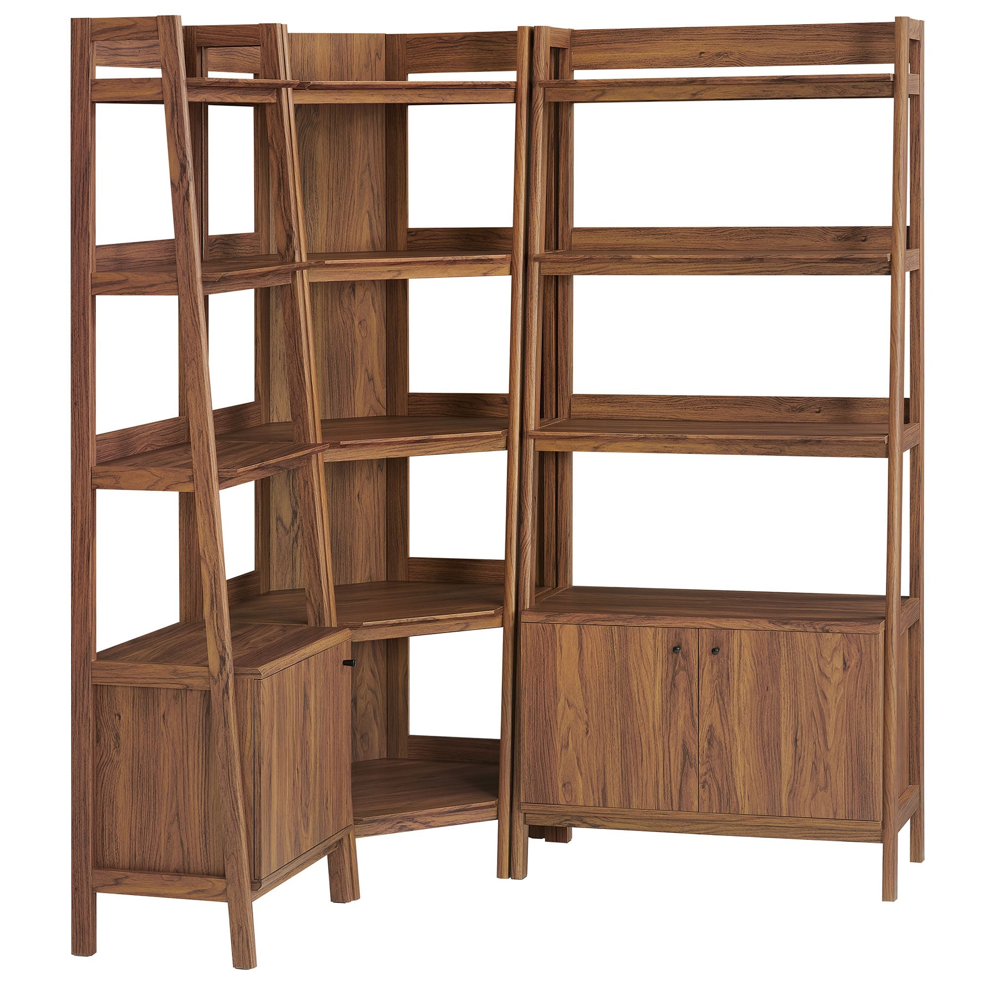 Bixby 3 Piece Corner Bookshelf Set With Wide and Narrow Bookshelves, Walnut